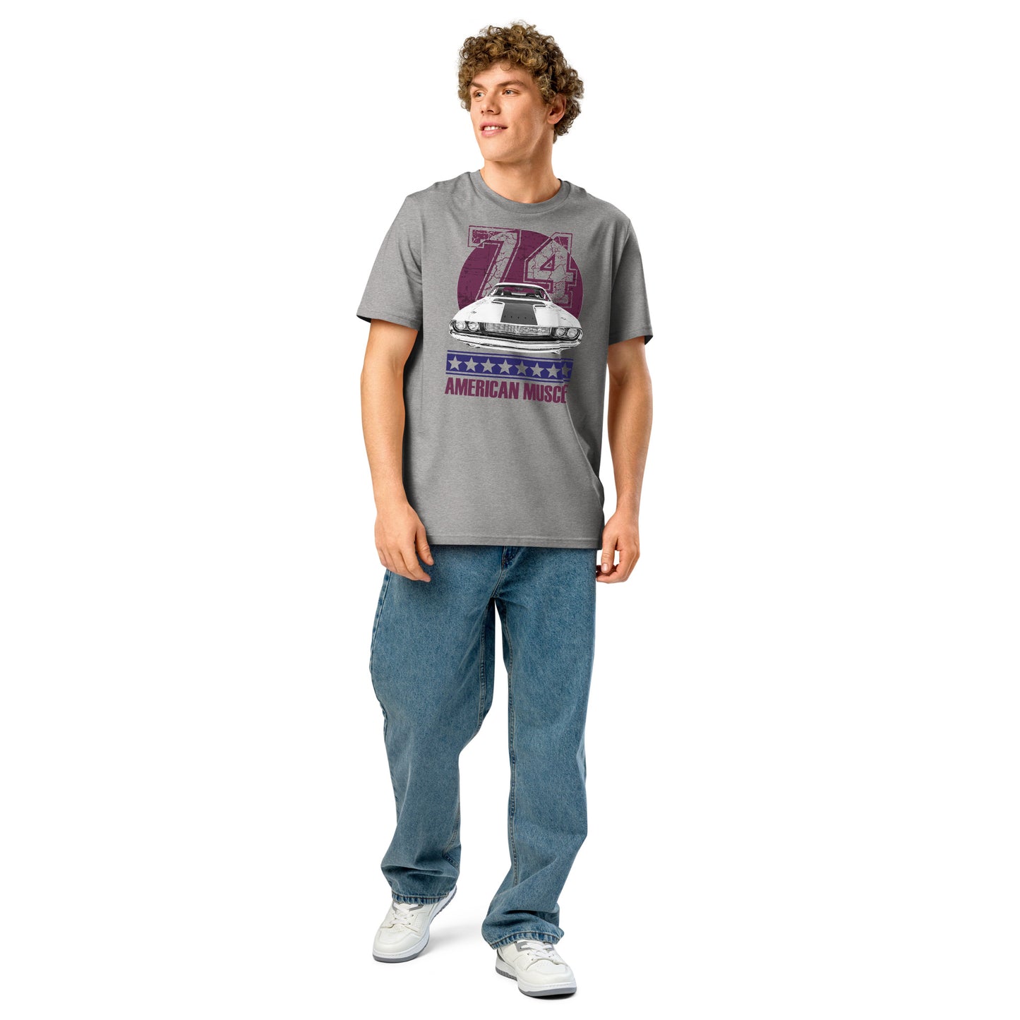 Ronas Design American Muscle T-Shirt Front View on Men Model in Heather Grey