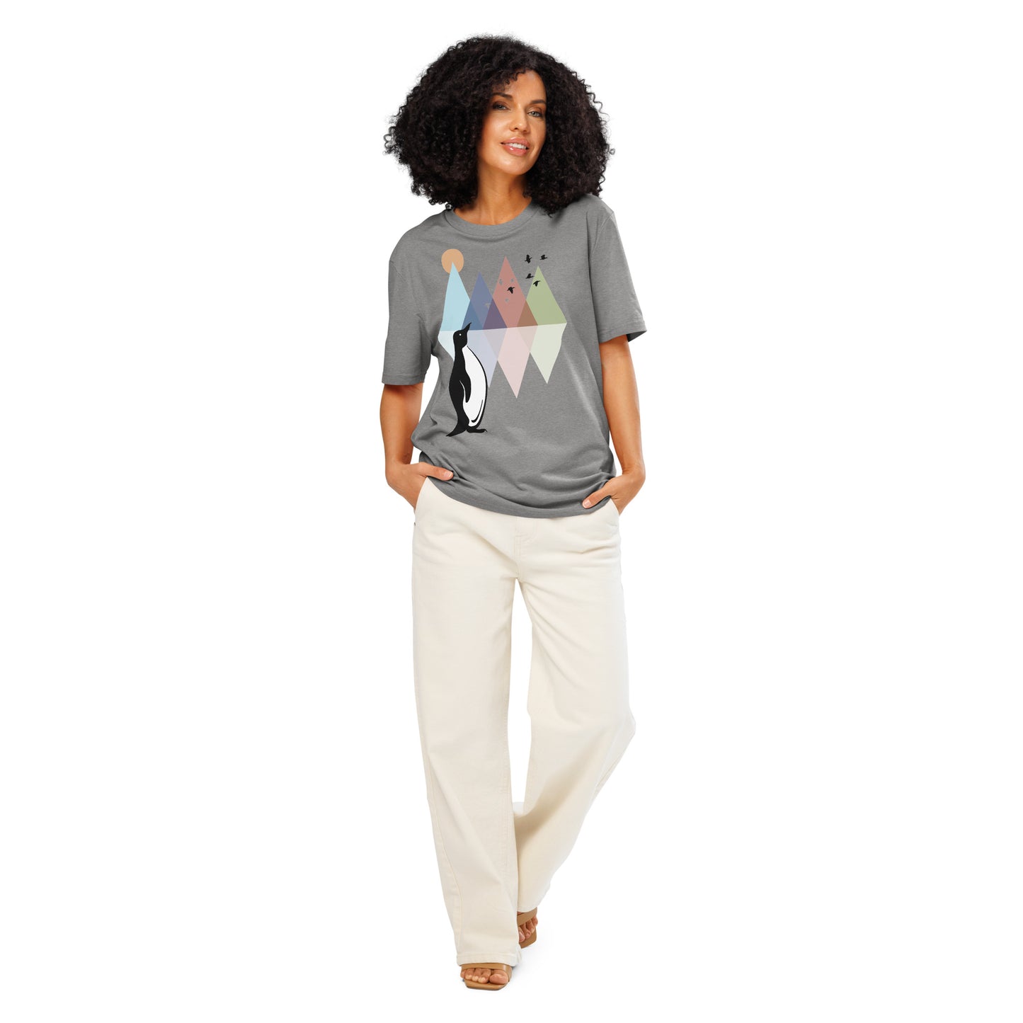 Ronas Design Geometric Penguin T-Shirt Front View on Women Model in Heather Grey