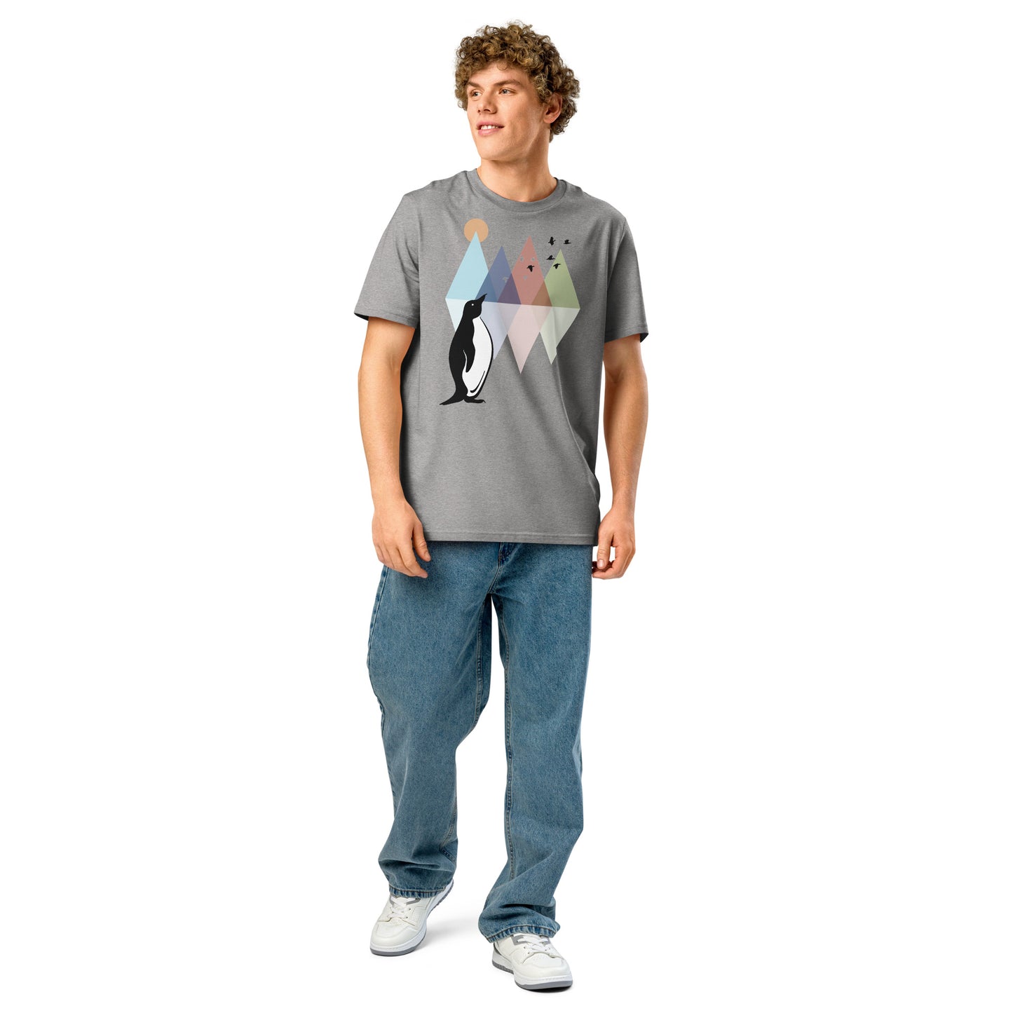 Ronas Design Geometric Penguin T-Shirt Front View on Men Model in Heather Grey