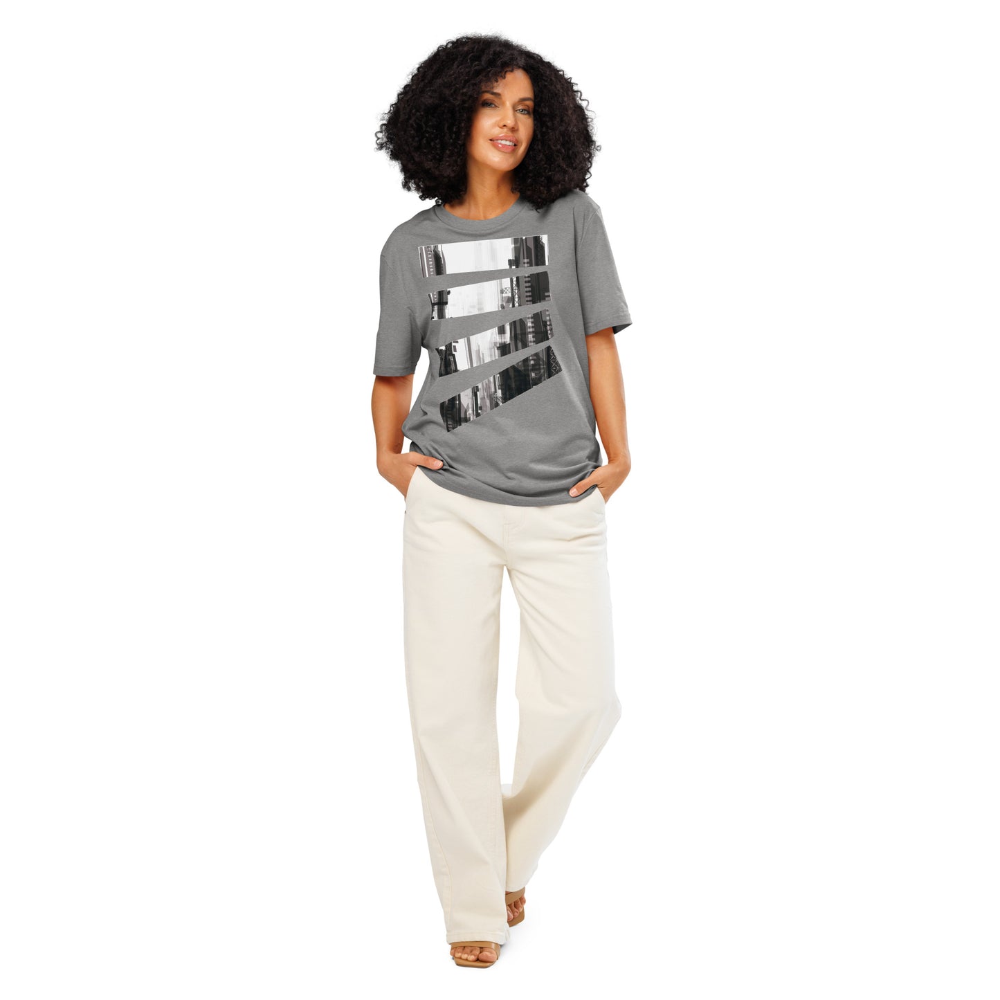 Ronas Design Fragmented Skyline T-Shirt Front View on Women Model in Heather Grey