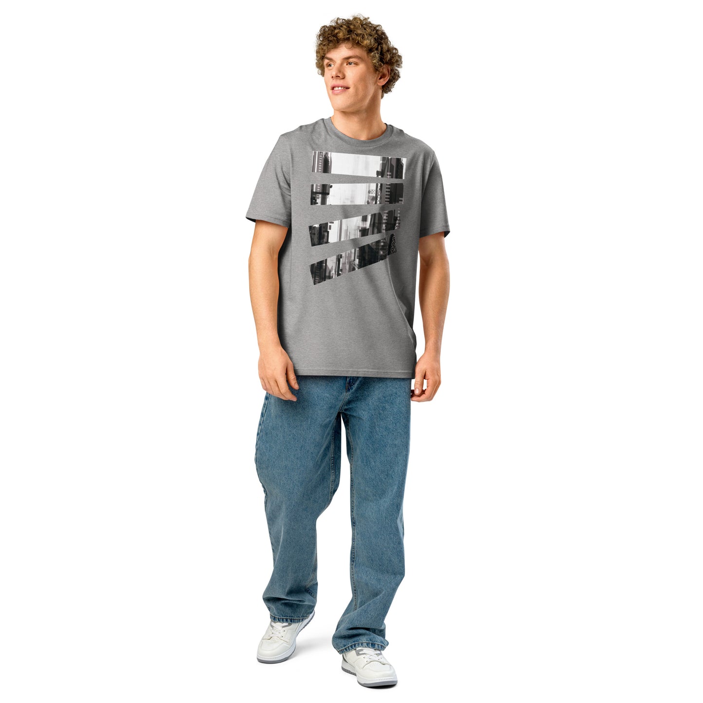 Ronas Design Fragmented Skyline T-Shirt Front View on Men Model in Heather Grey