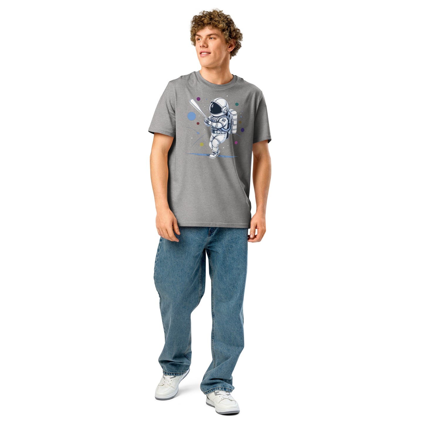 Ronas Design Astronaut Swing T-Shirt Front View on Men Model in Heather Grey