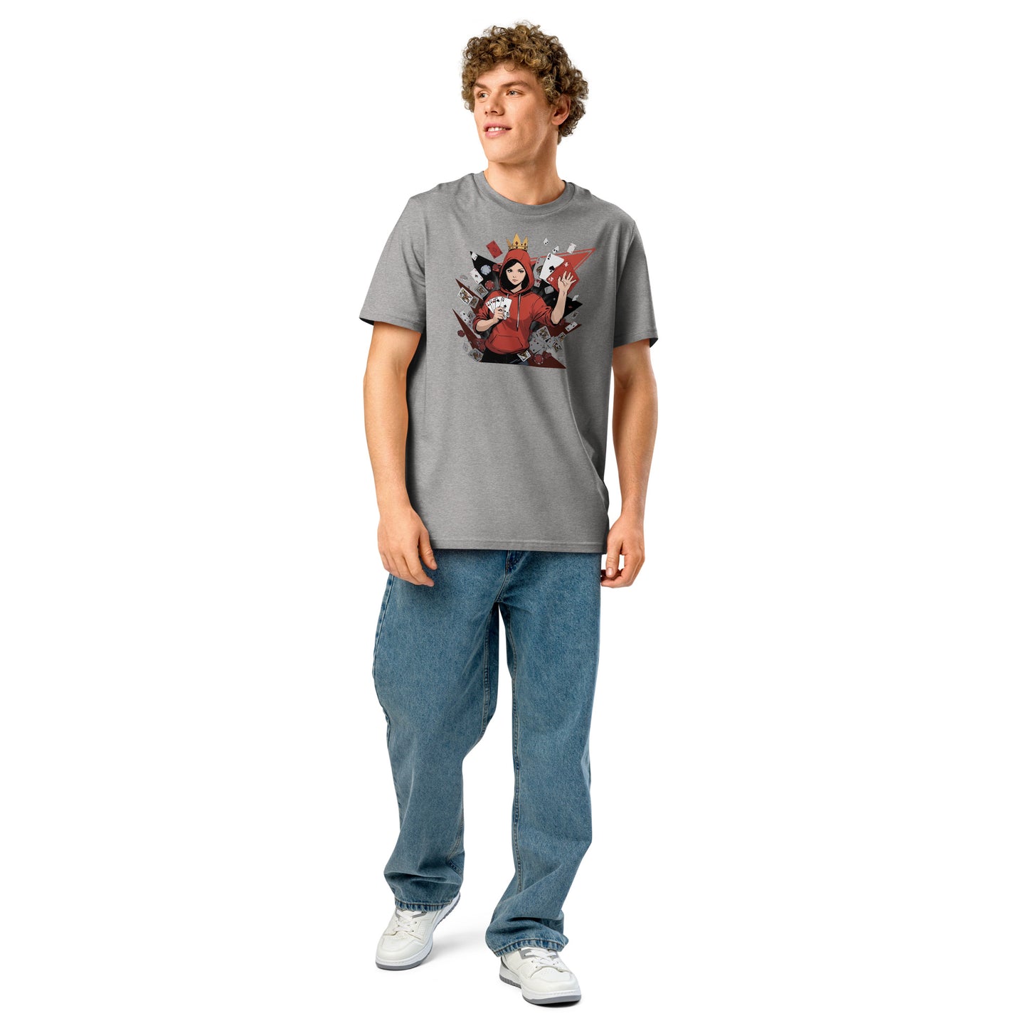 Ronas Design Card Queen T-Shirt Front View on Men Model in Heather Grey