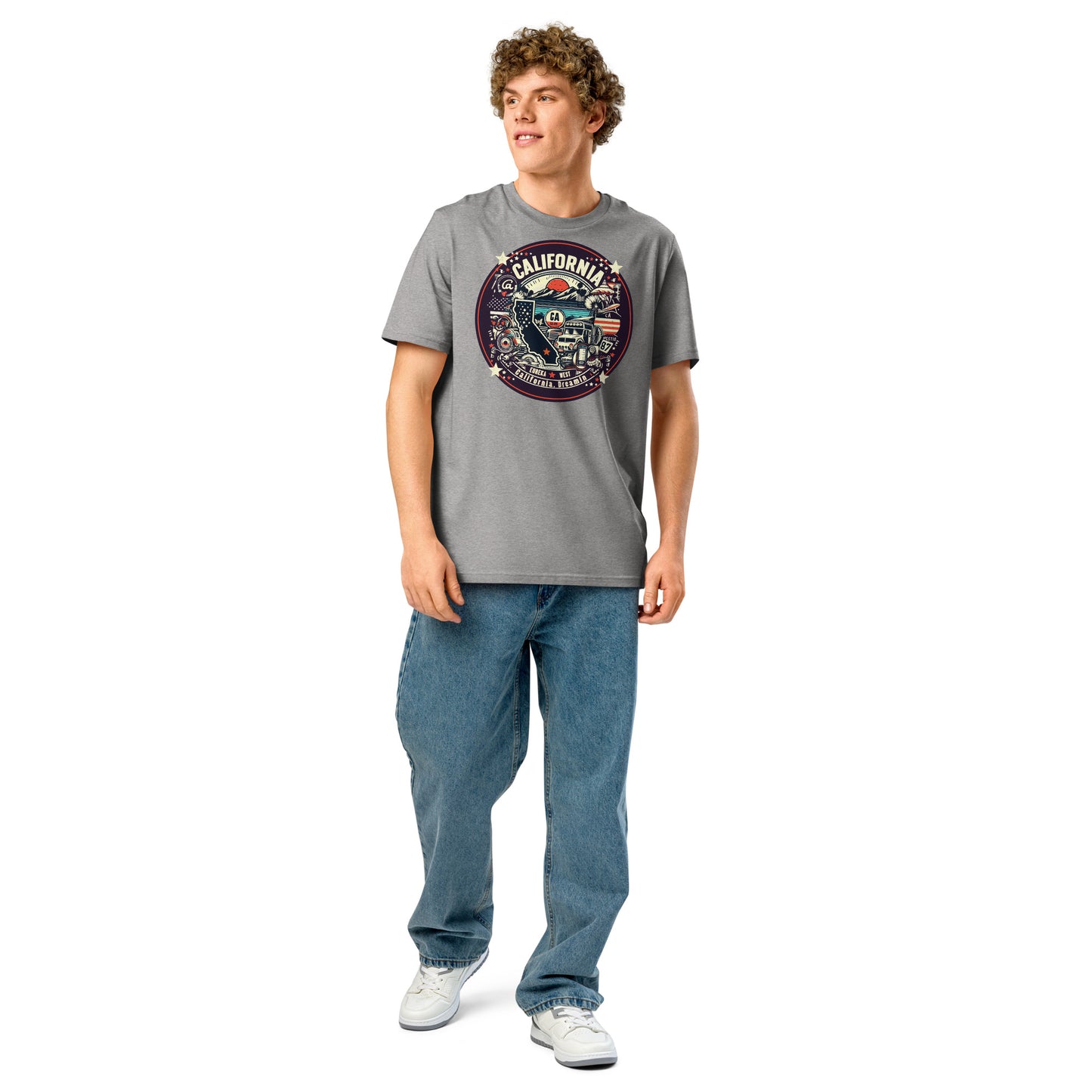 Ronas Design California Dreamin T-Shirt Front View on Men Model in Heather Grey