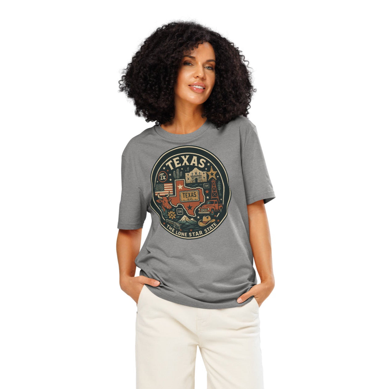 Ronas Design Texas Pride T-Shirt Front View on Women Model in Heather Grey
