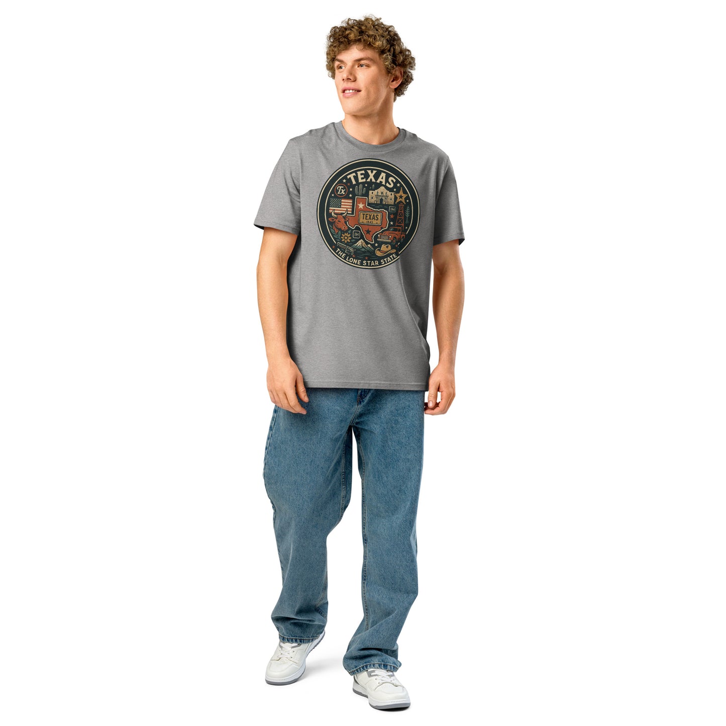 Ronas Design Texas Pride T-Shirt Front View on Men Model in Heather Grey