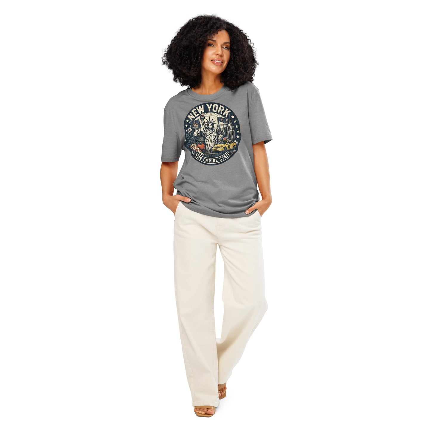 Ronas Design New York T-Shirt Front View on Women Model in Heather Grey