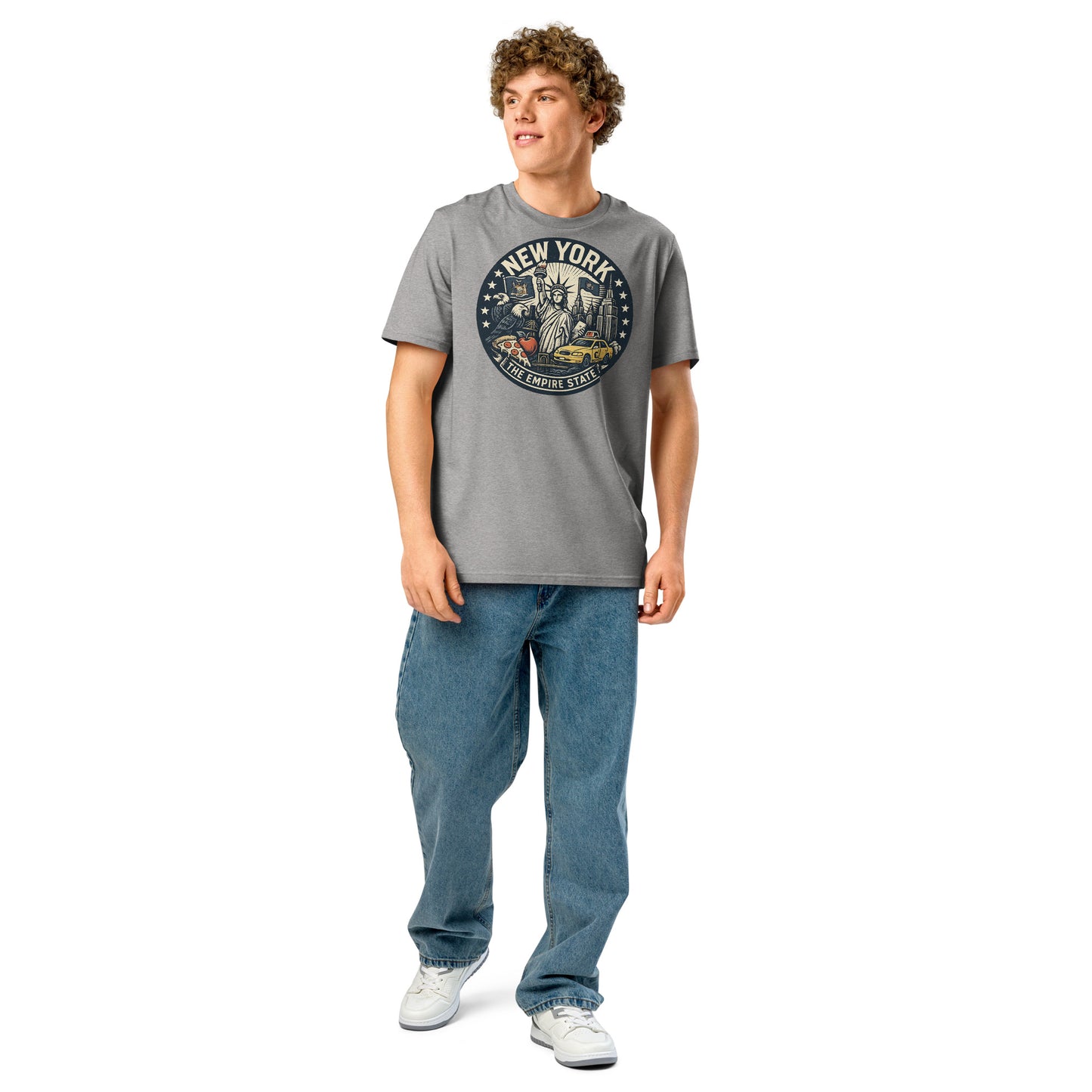 Ronas Design New York T-Shirt Front View on Men Model in Heather Grey