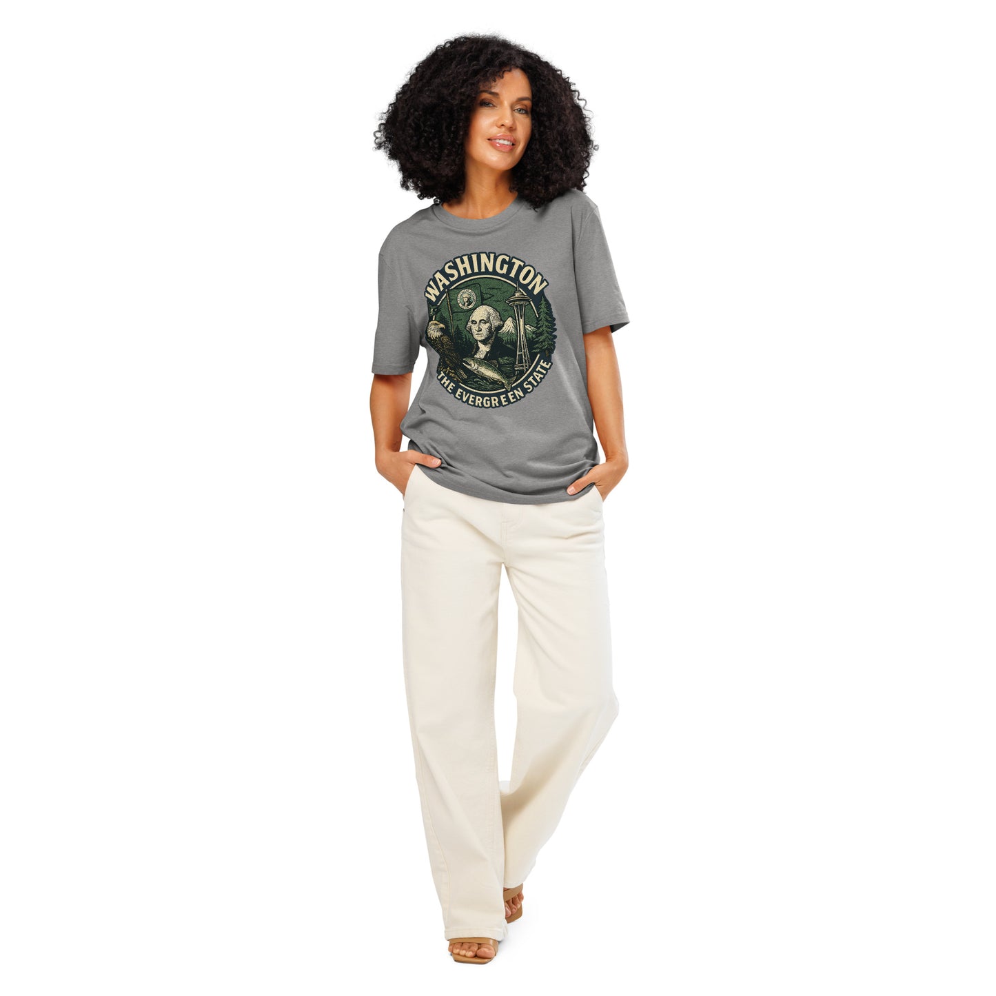 Ronas Design Evergreen T-Shirt Front View on Women Model in Heather Grey