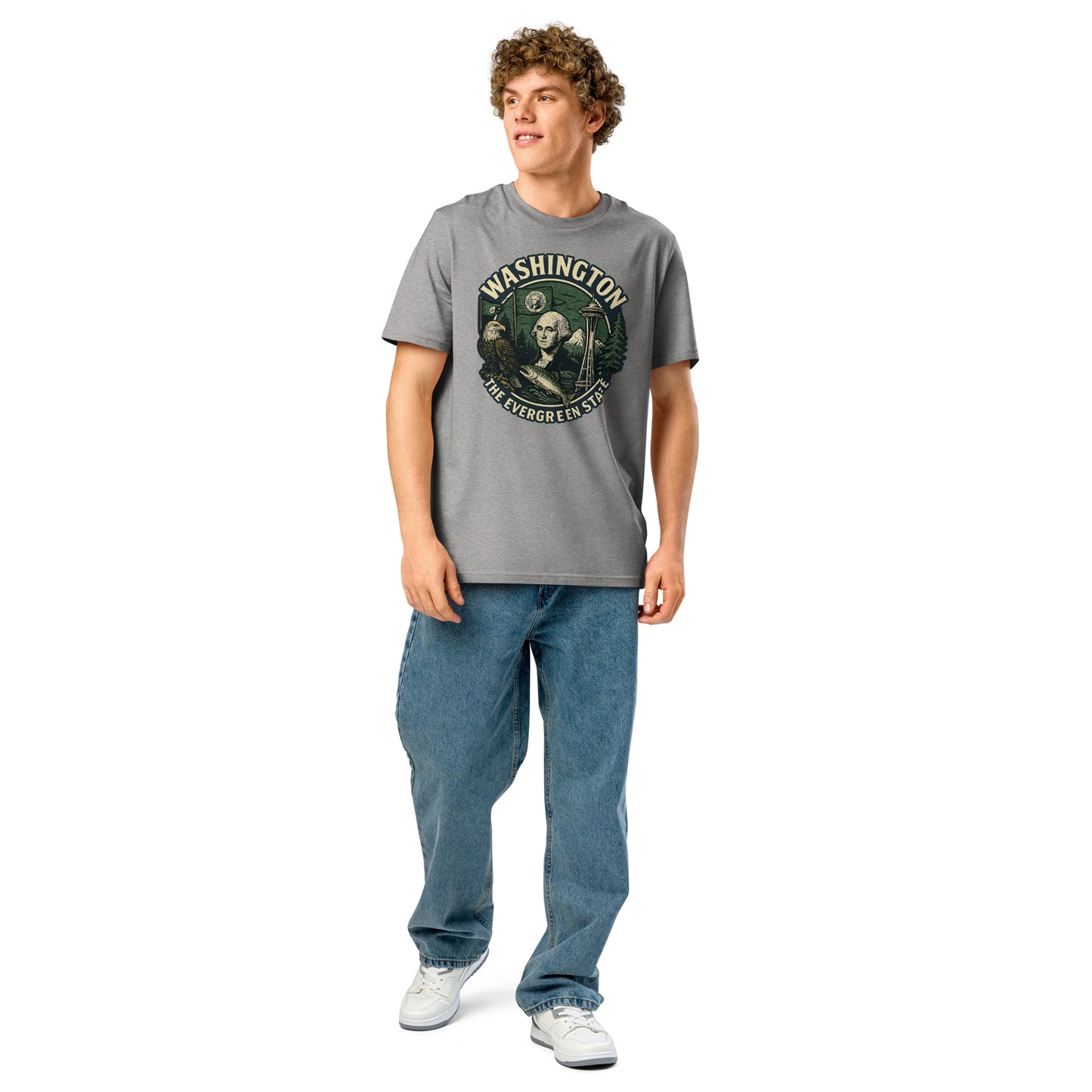 Ronas Design Evergreen T-Shirt Front View on Men Model in Heather Grey