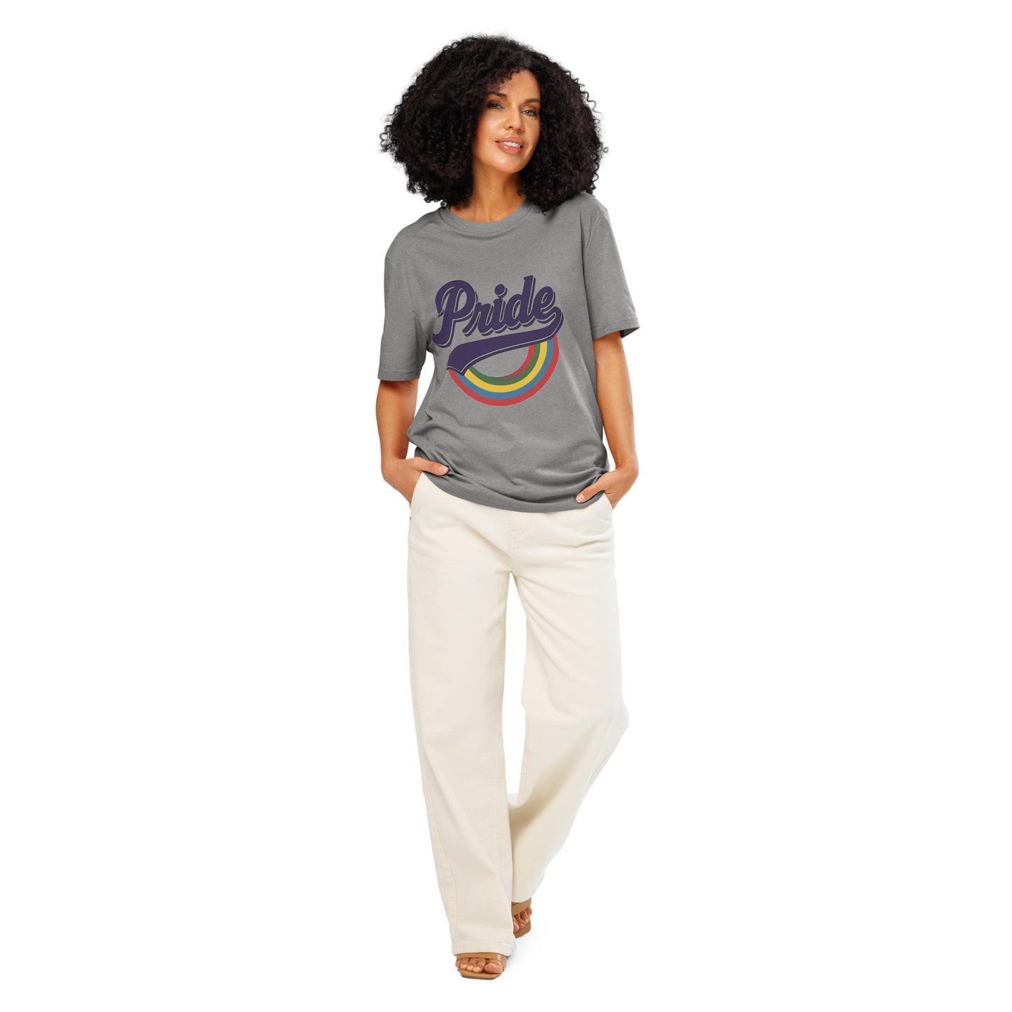 Ronas Design Rainbow Pride T-Shirt Front View on Women Model in Heather Grey