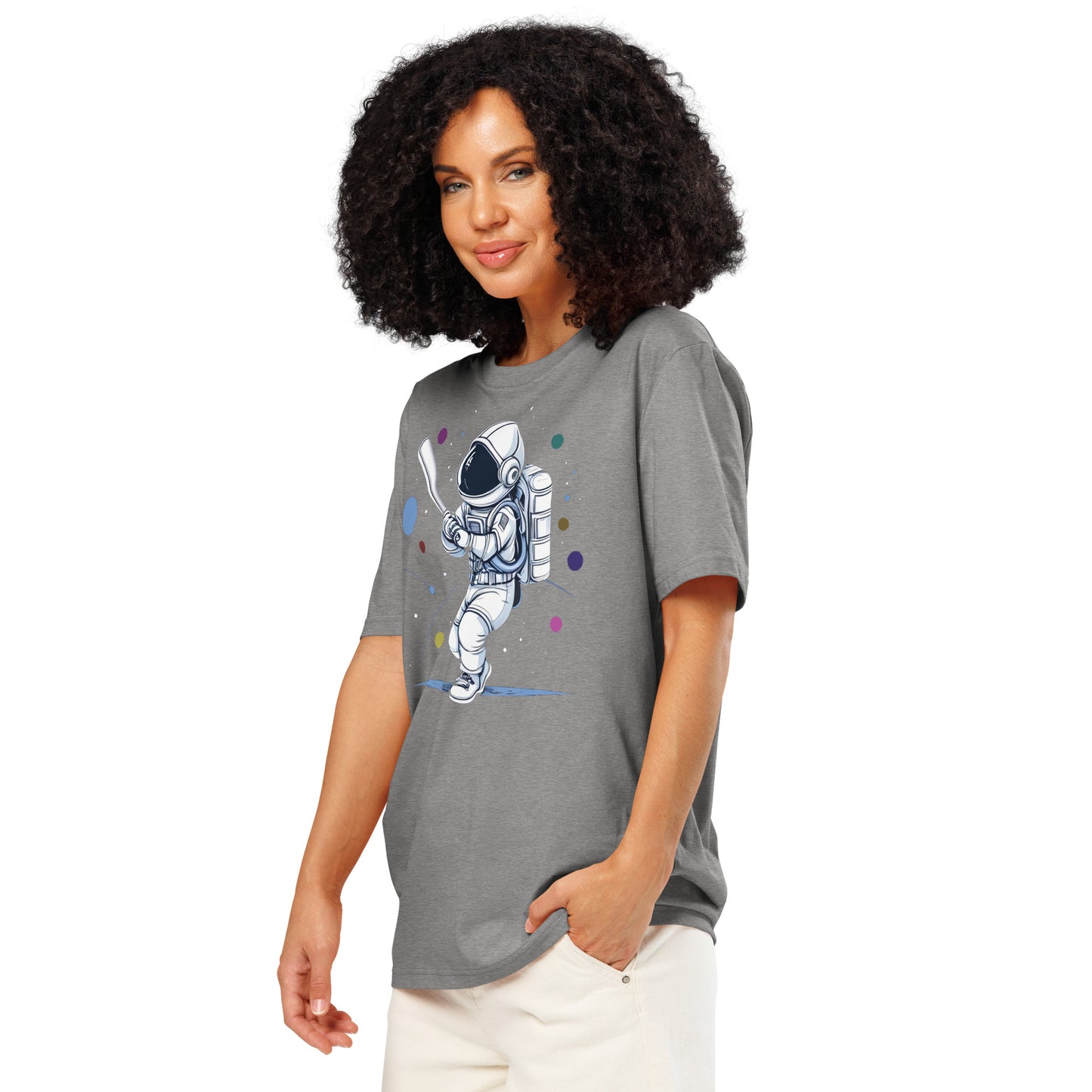 Ronas Design Astronaut Swing T-Shirt Front View on Women Model in Heather Grey