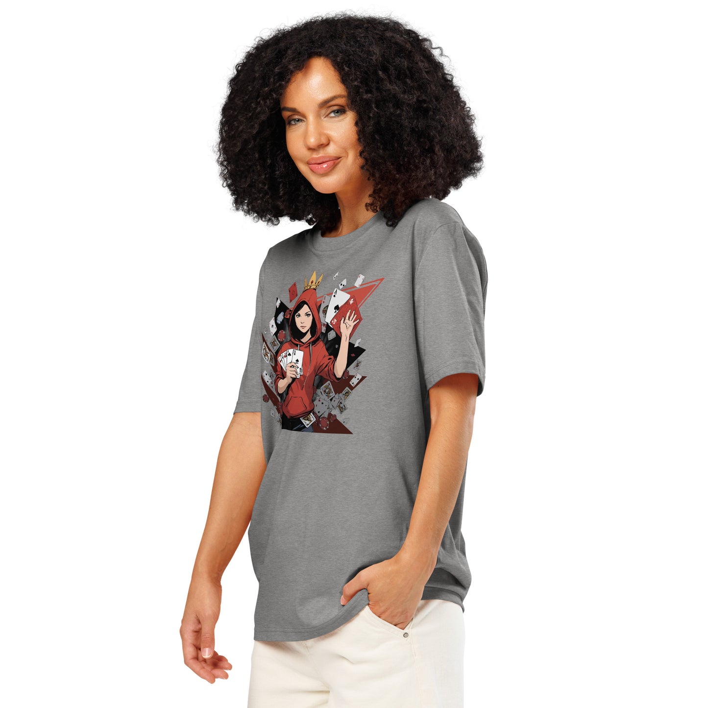 Ronas Design Card Queen T-Shirt Front View on Women Model in Heather Grey