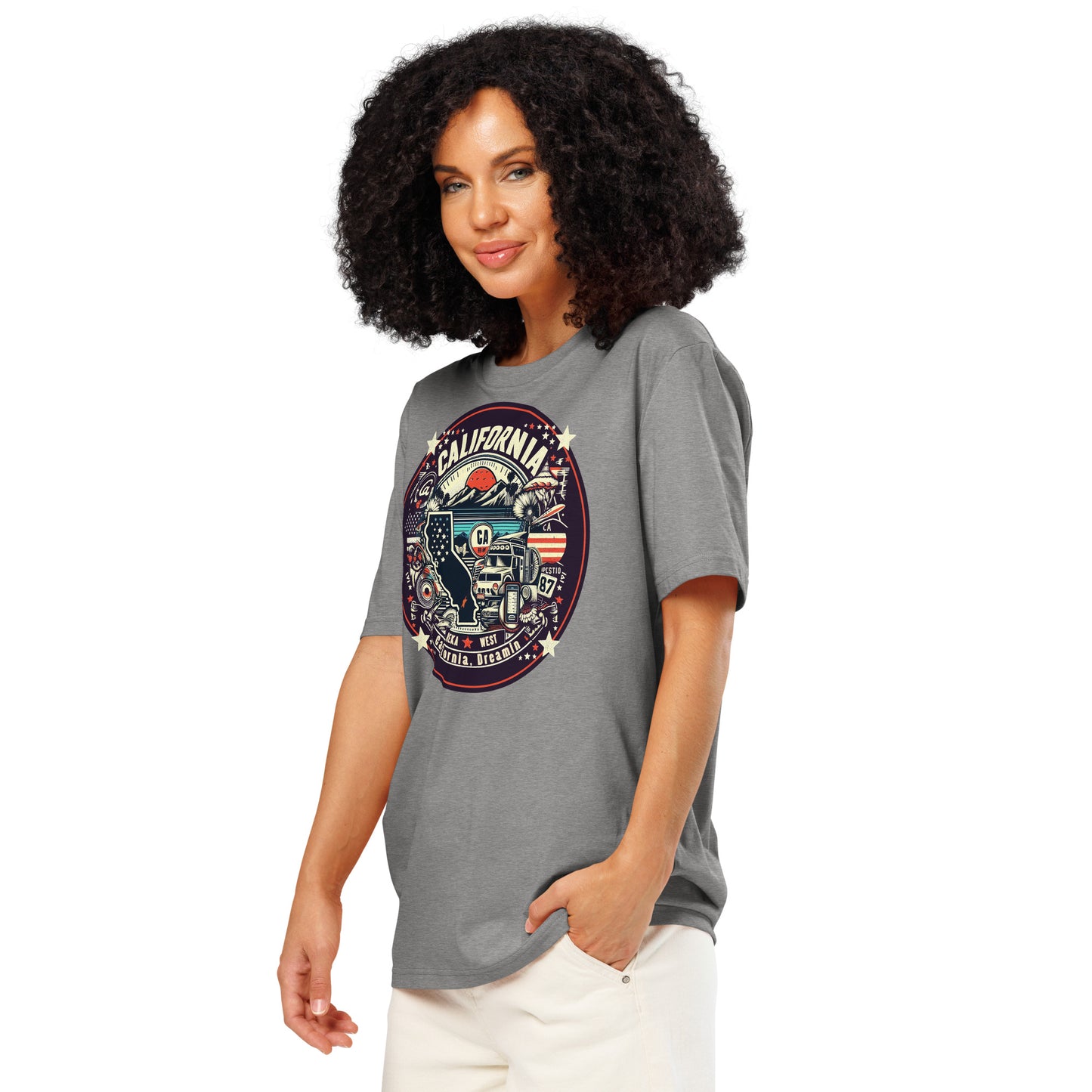 Ronas Design California Dreamin T-Shirt Front View on Women Model in Heather Grey