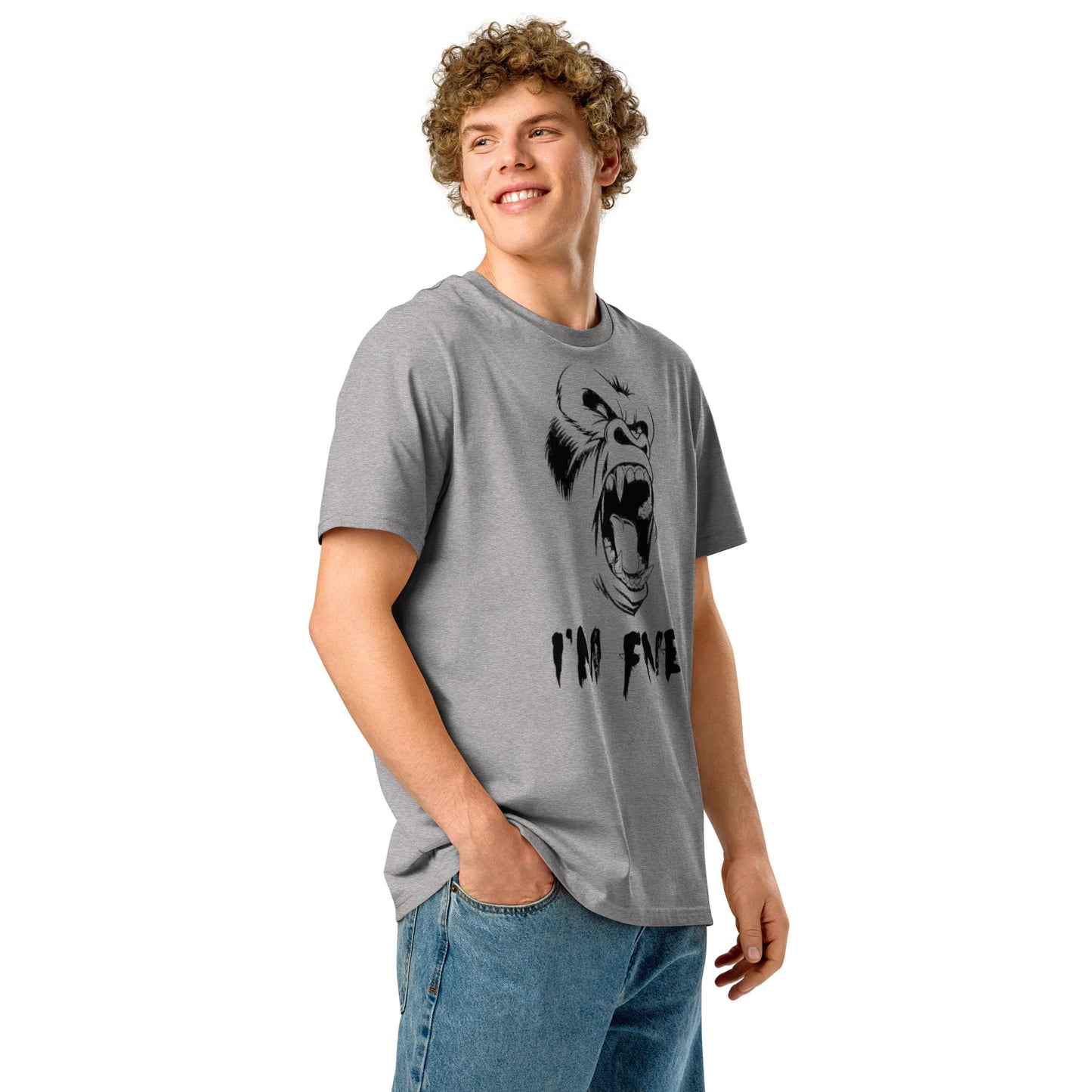 Ronas Design I'm Fine T-Shirt Side View on Men Model in Heather Grey