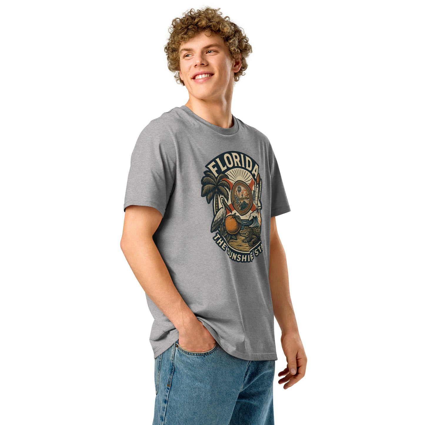 Ronas Design Florida Vibes T-Shirt Front View on Men Model in Heather Grey