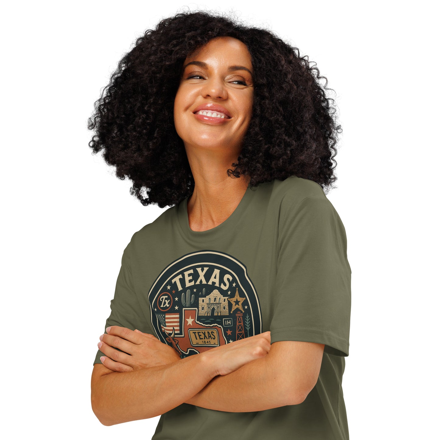 Ronas Design Texas Pride T-Shirt Front View on Women Model in Khaki