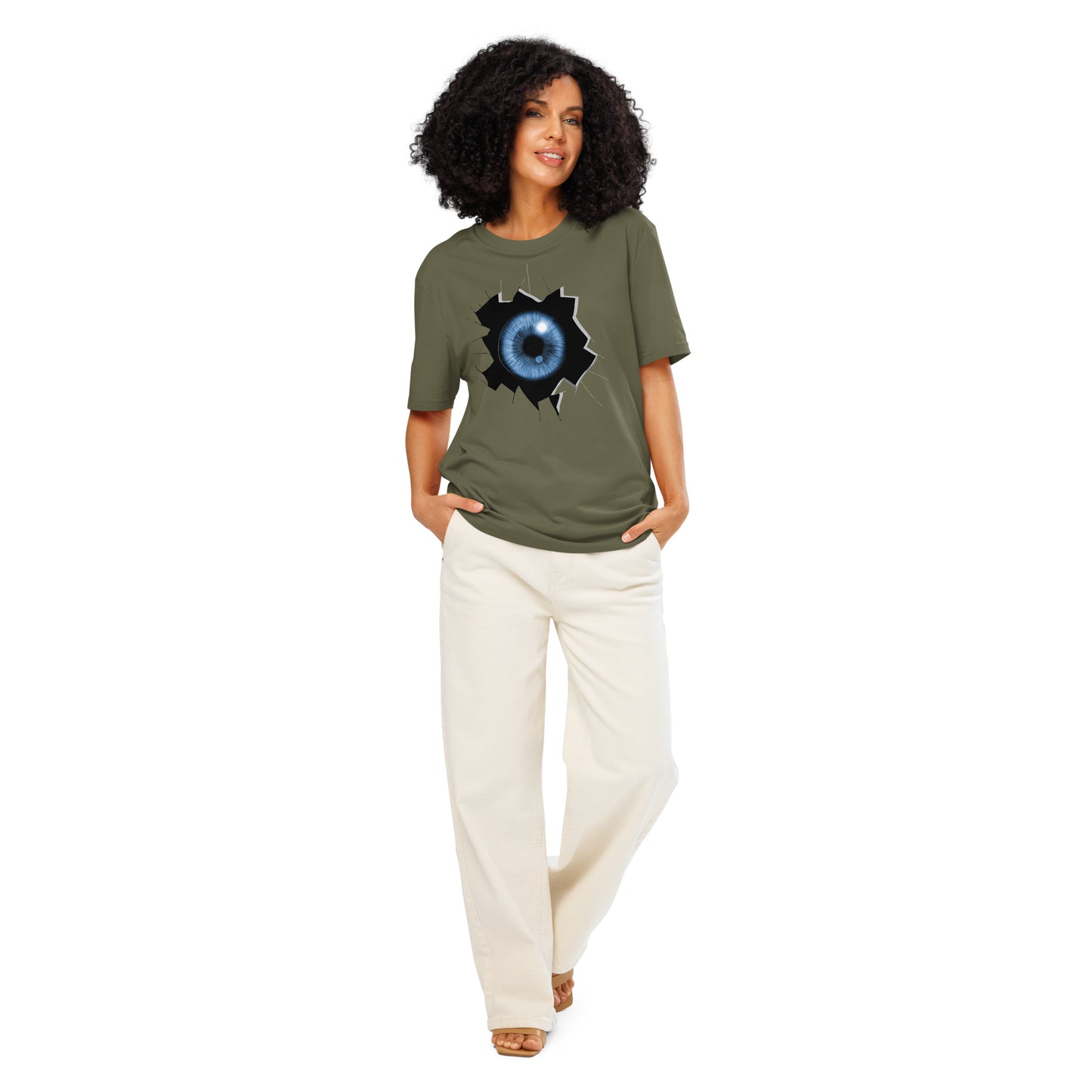 Ronas Design Cracked Reality Eye T-Shirt Front View on Women Model in Khaki