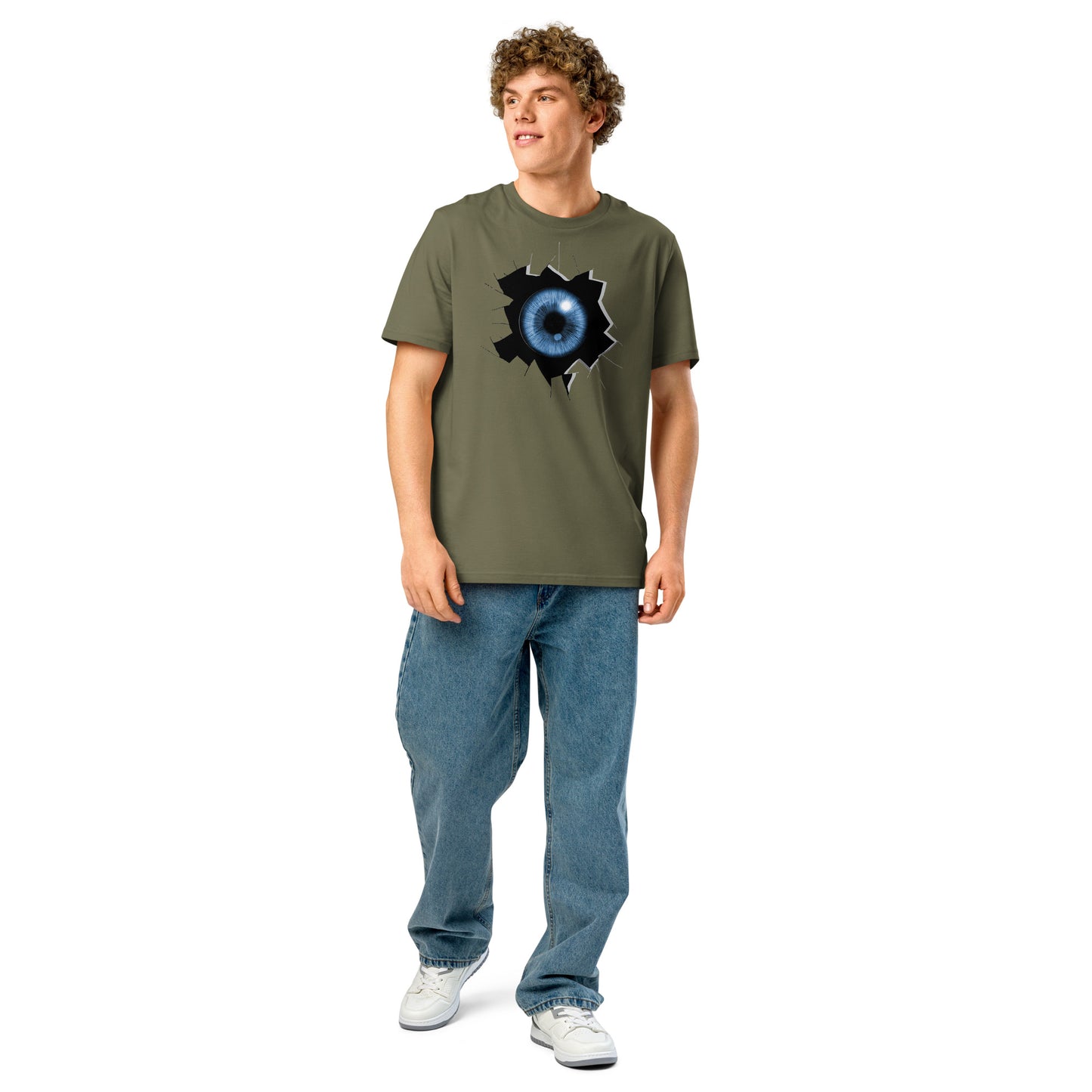 Ronas Design Cracked Reality Eye T-Shirt Front View on Men Model in Khaki