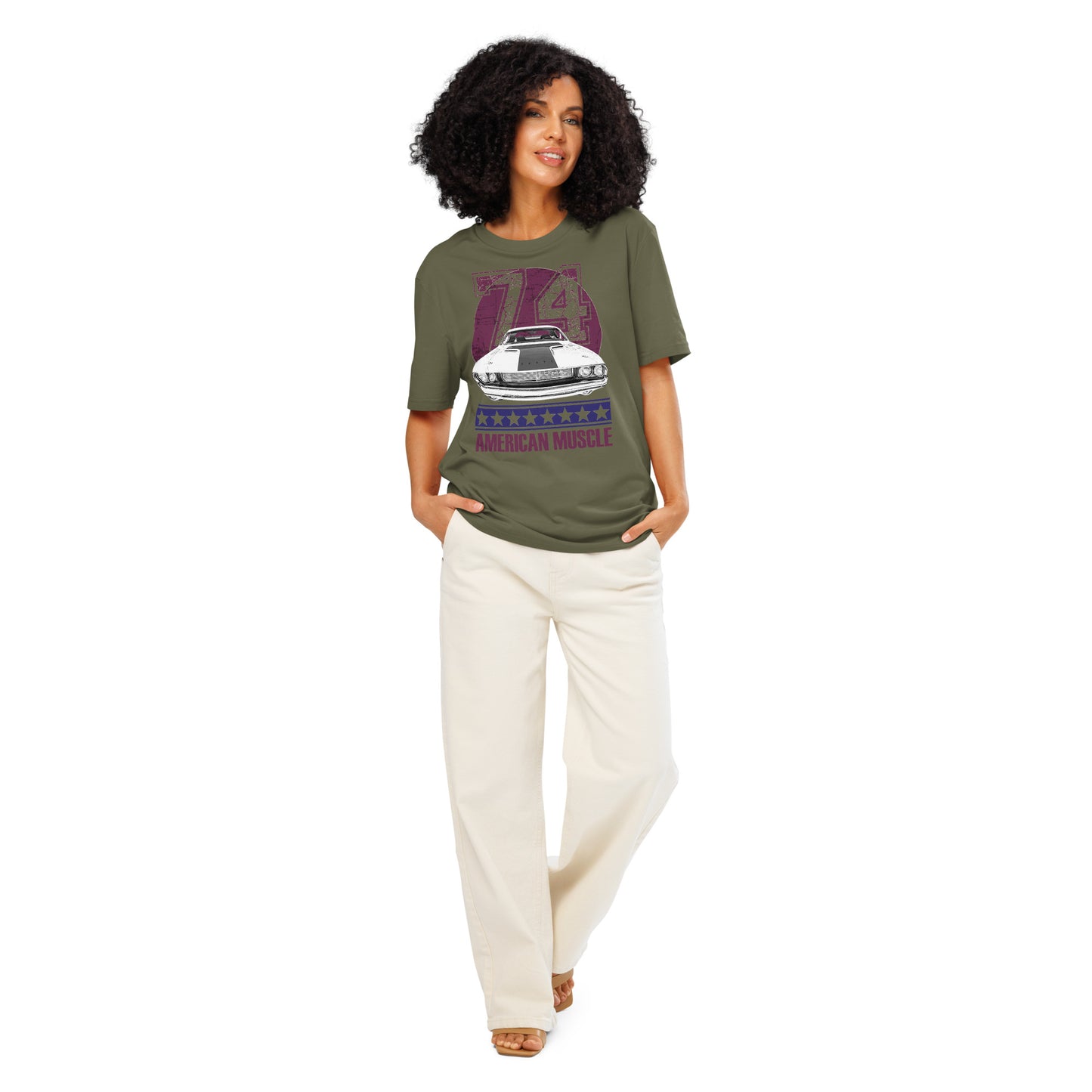 Ronas Design American Muscle T-Shirt Front View on Women Model in Khaki