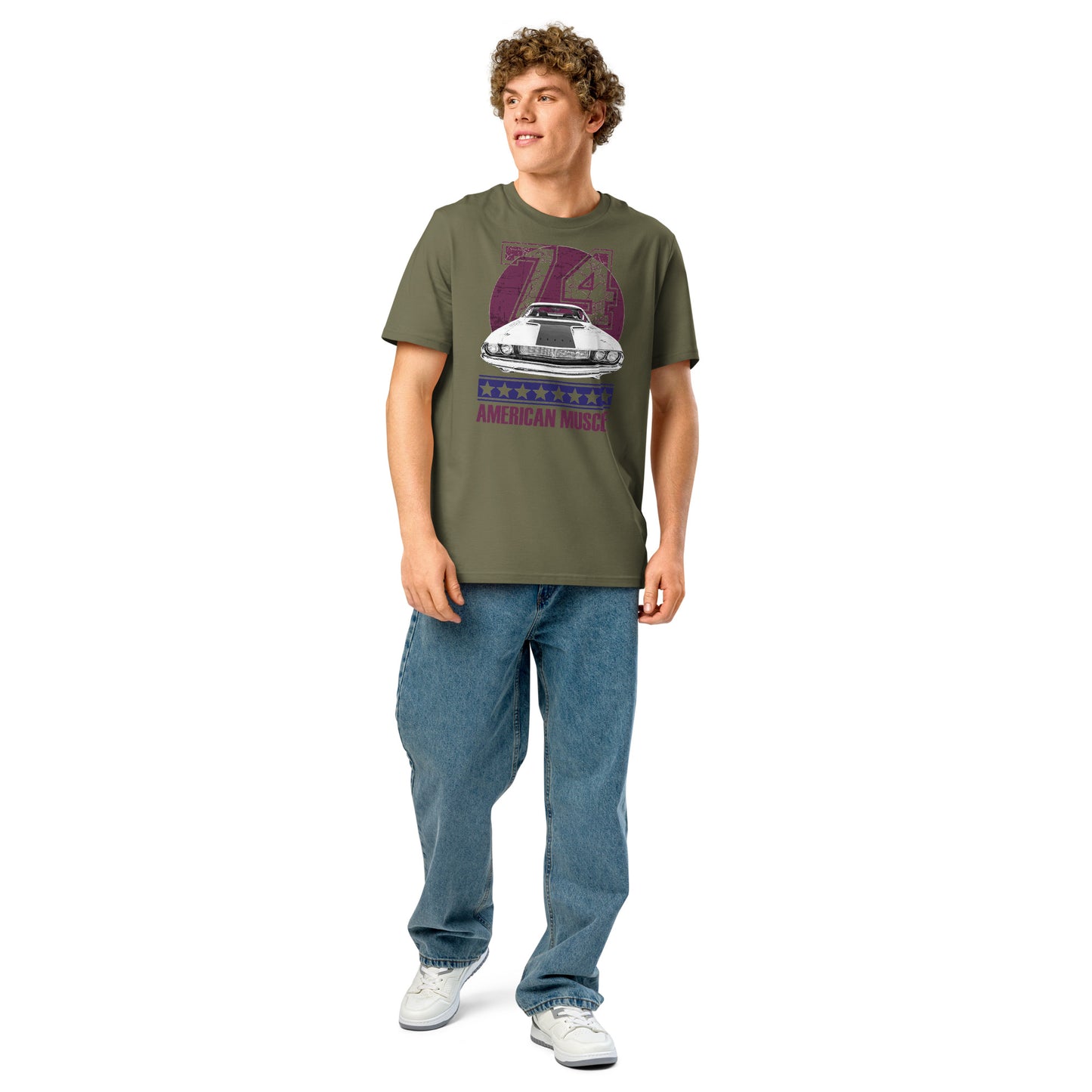 Ronas Design American Muscle T-Shirt Front View on Men Model in Khaki