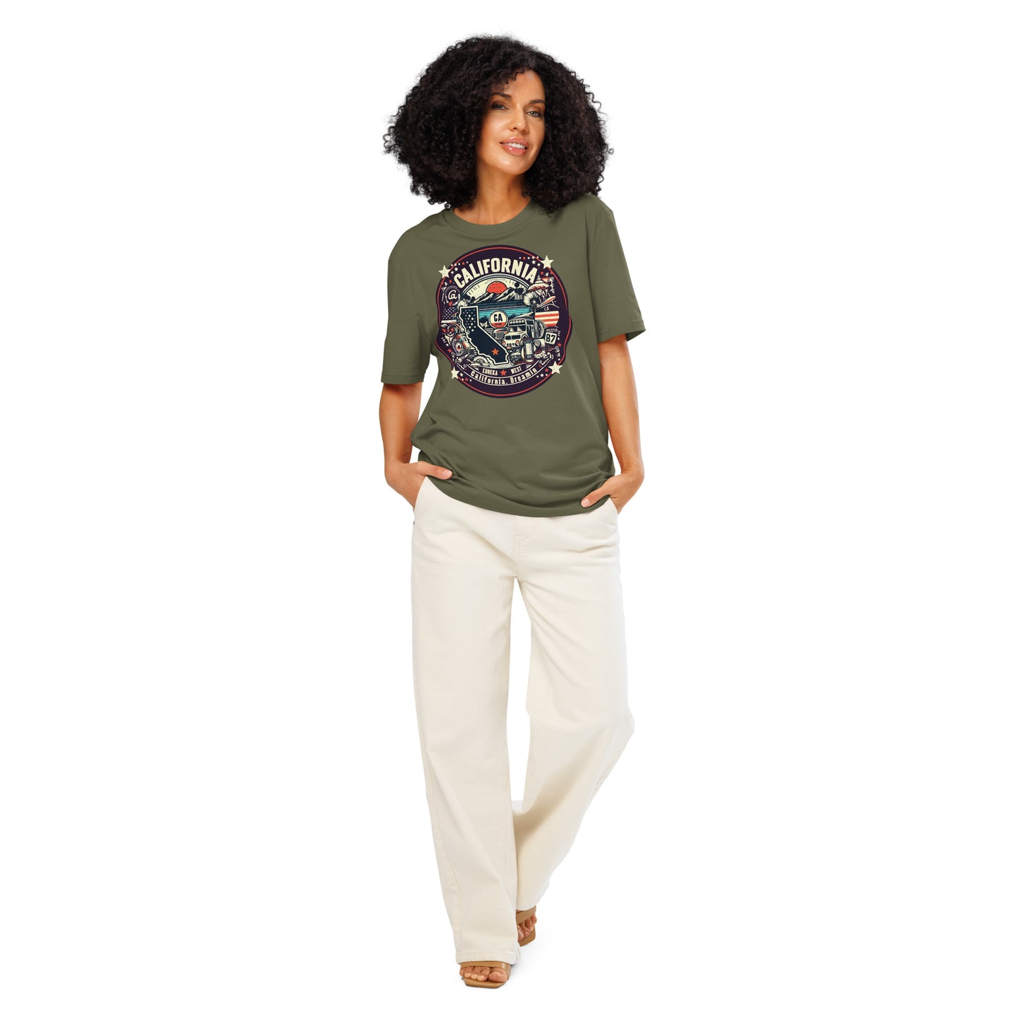Ronas Design California Dreamin T-Shirt Front View on Women Model in Khaki