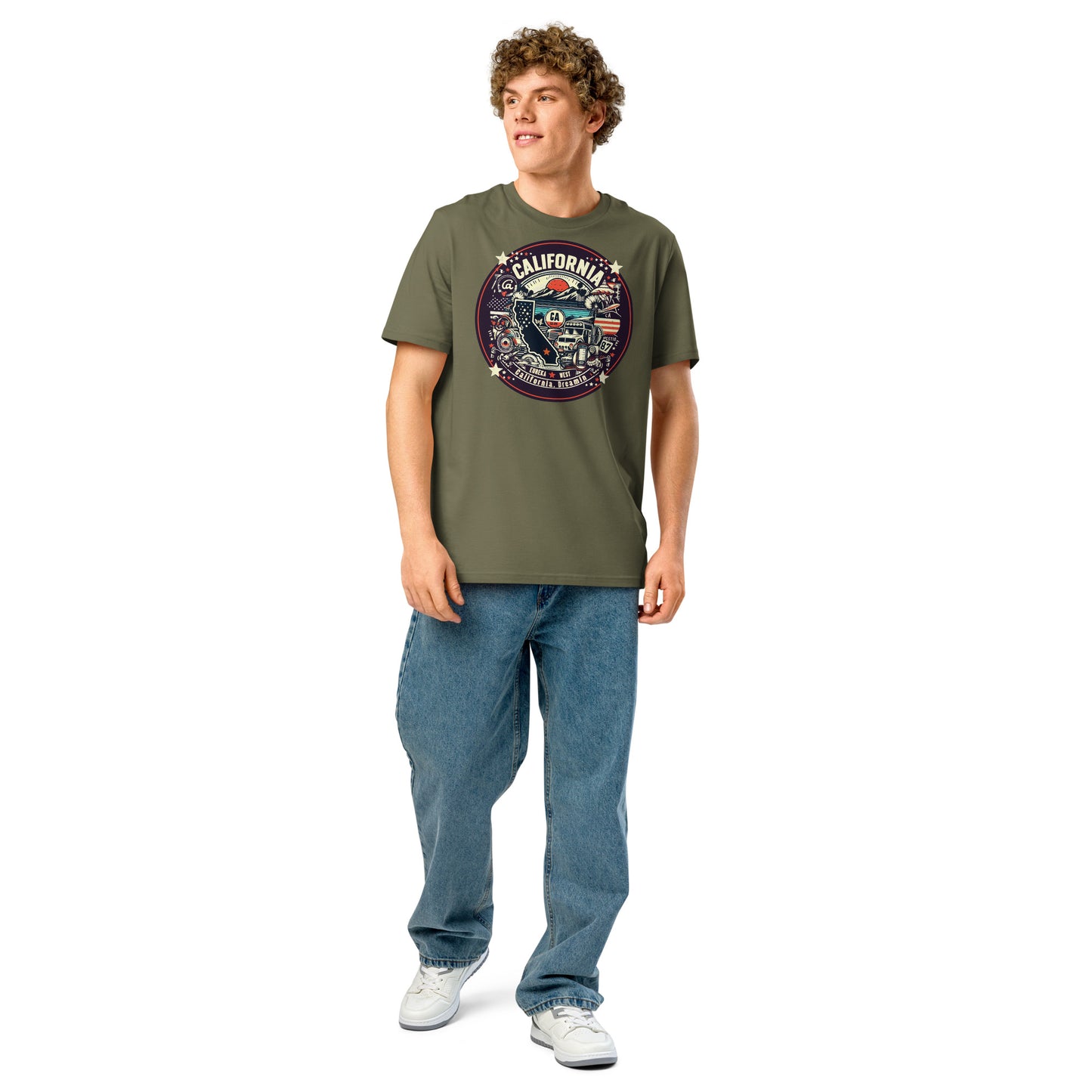 Ronas Design California Dreamin T-Shirt Front View on Men Model in Khaki
