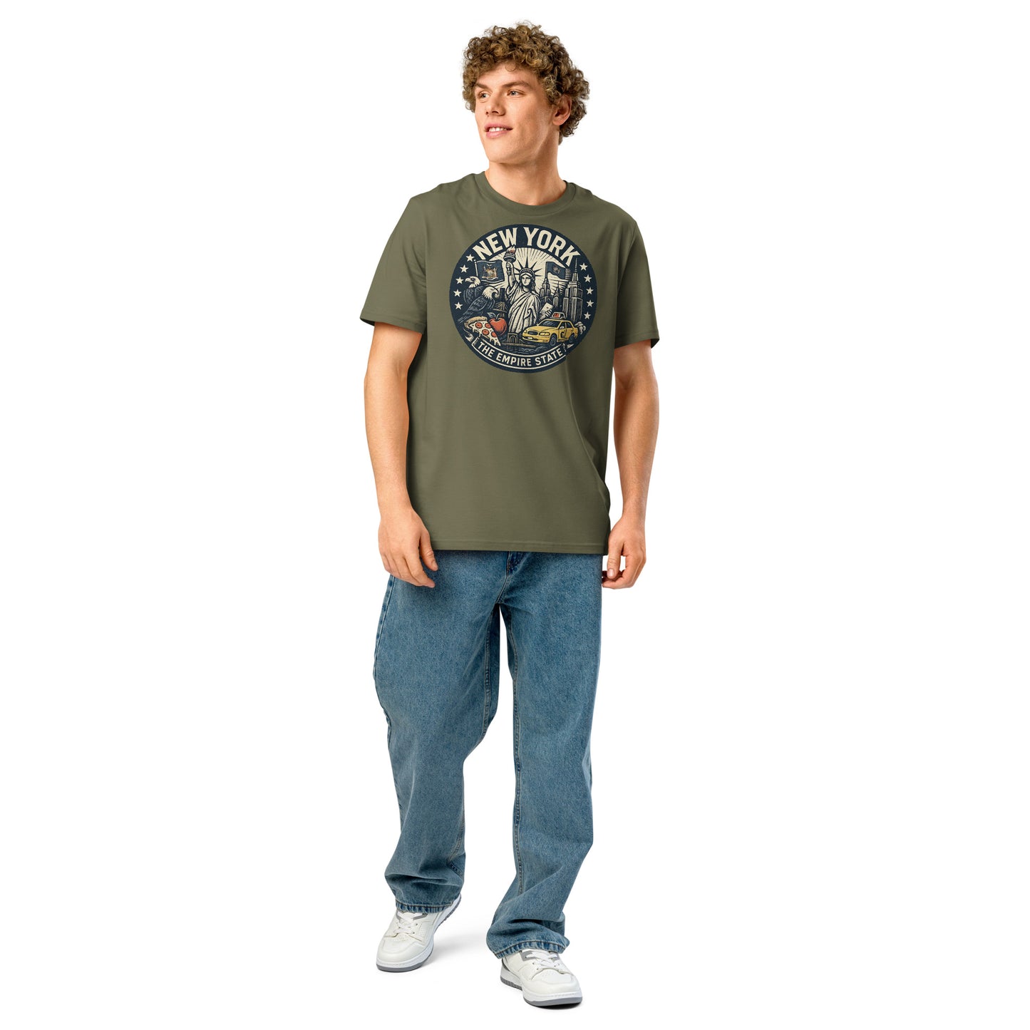 Ronas Design New York T-Shirt Front View on Men Model in Khaki