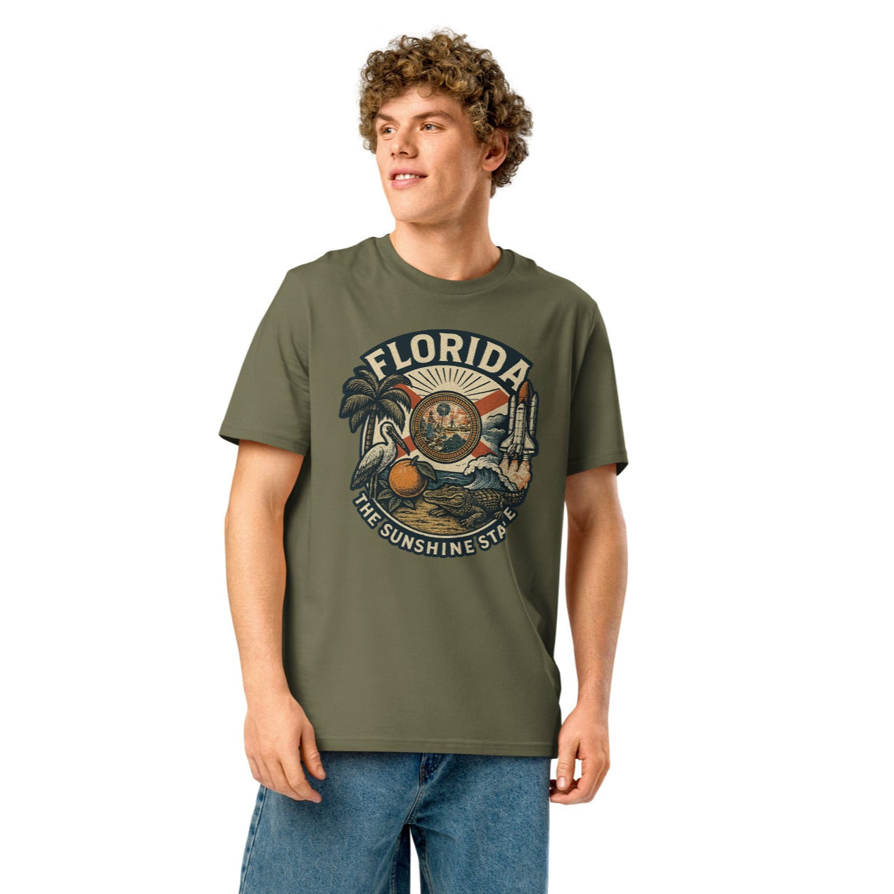 Ronas Design Florida Vibes T-Shirt Front View on Men Model in Khaki