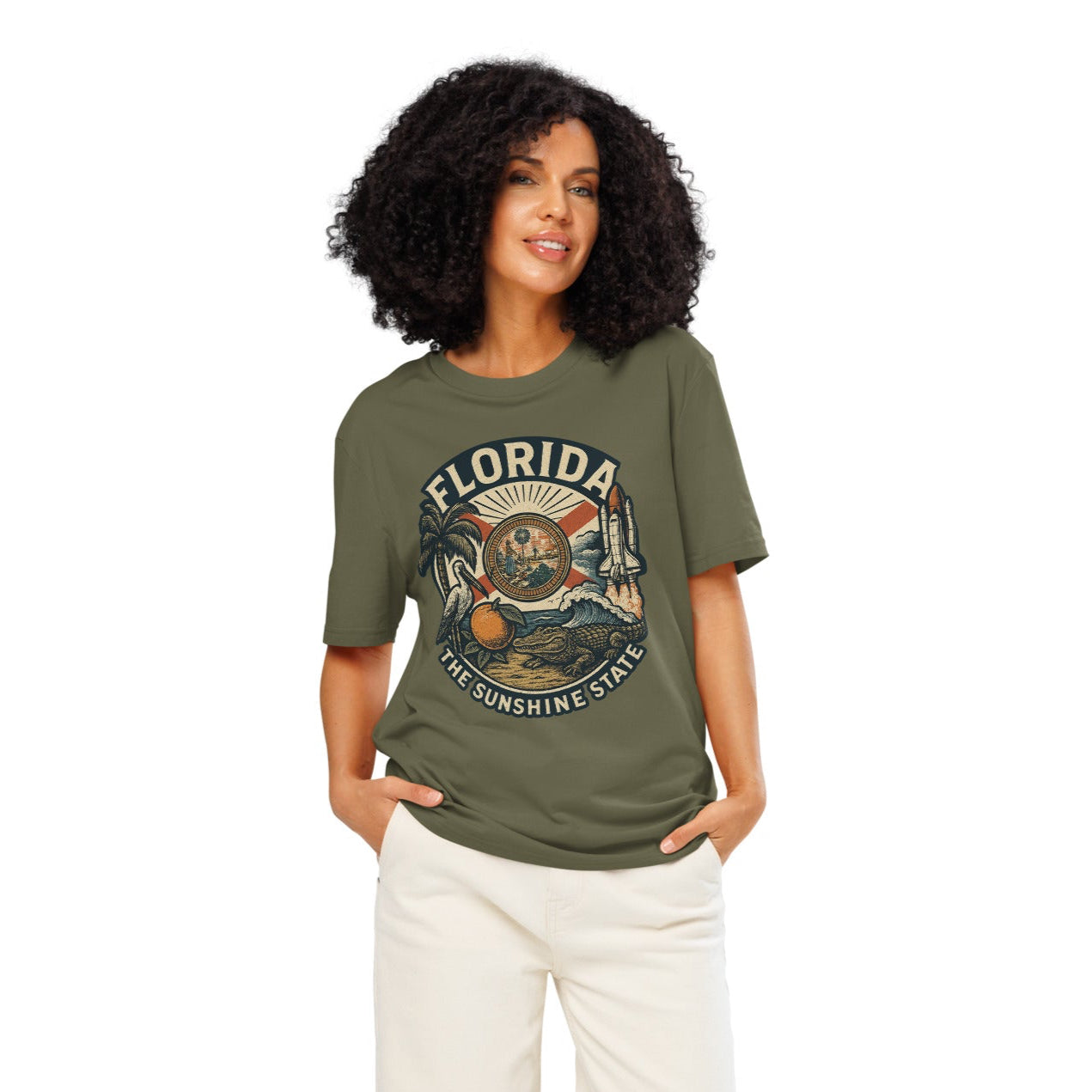 Ronas Design Florida Vibes T-Shirt Front View on Women Model in Khaki