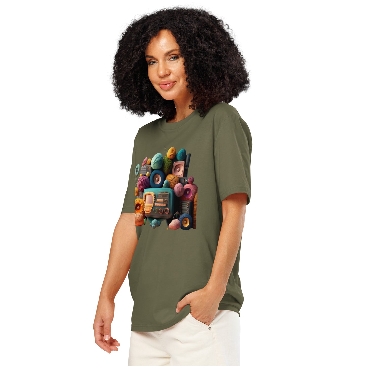 Ronas Design Retro Yarn Radio T-Shirt Side View on Women Model in Khaki