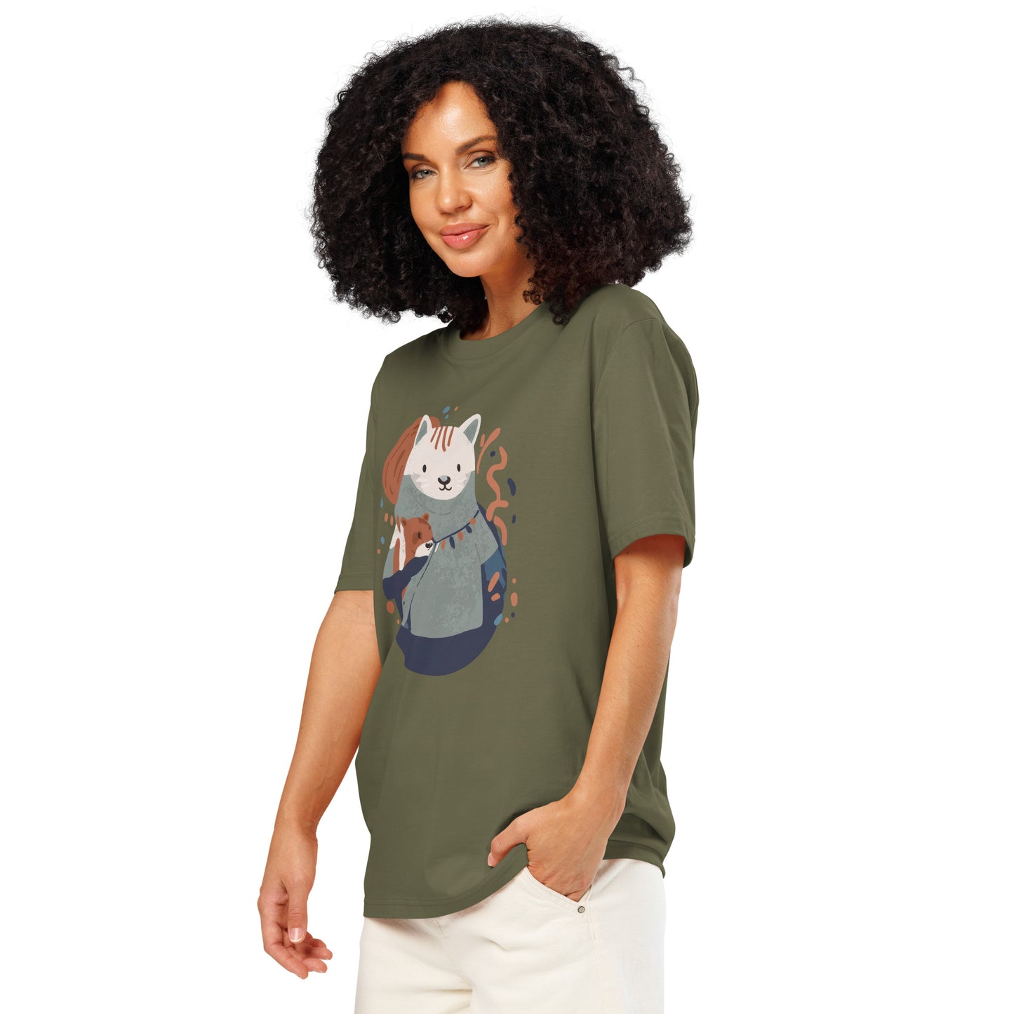 Ronas Design Cozy Cat T-Shirt Front View on Women Model in Khaki