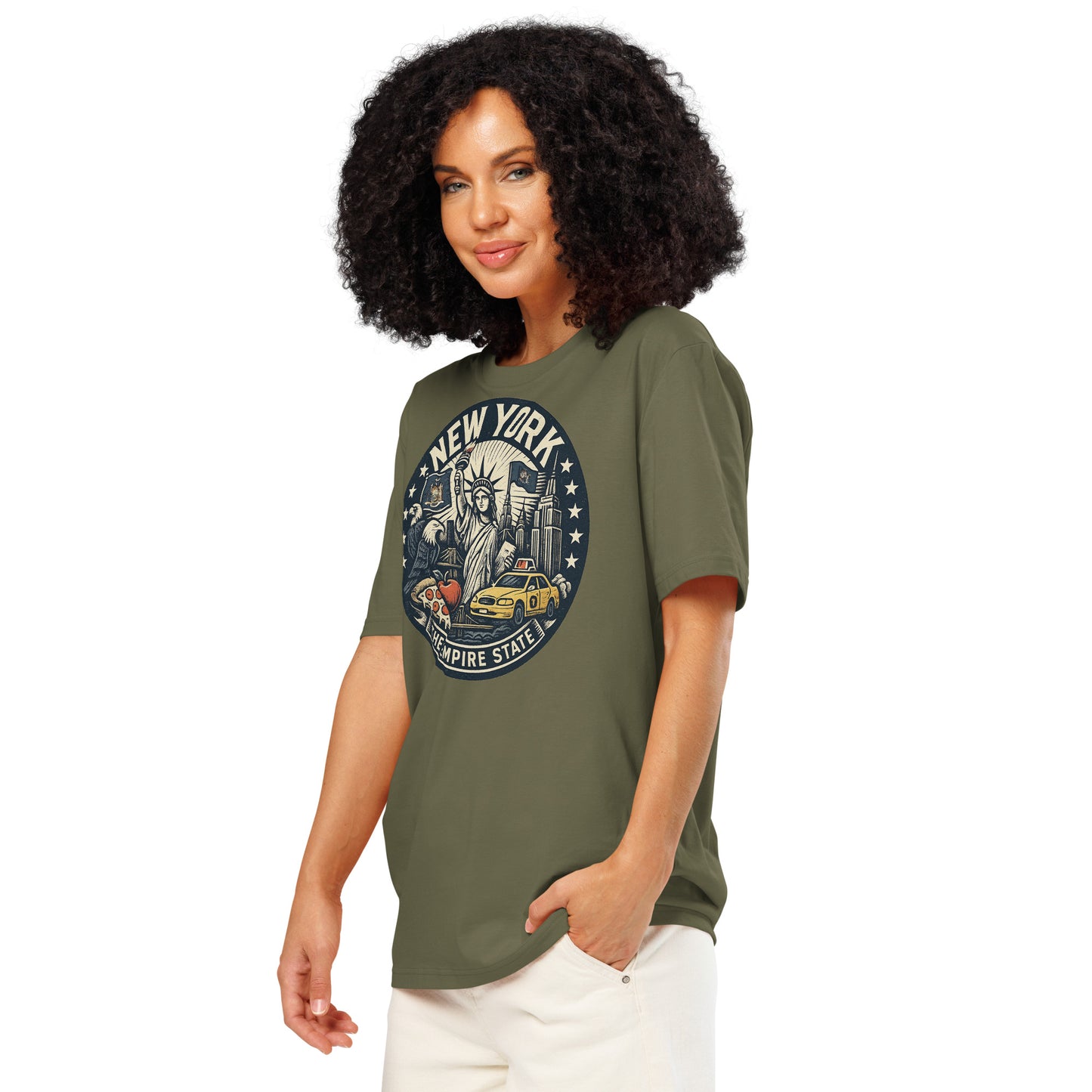 Ronas Design New York T-Shirt Front View on Women Model in Khaki