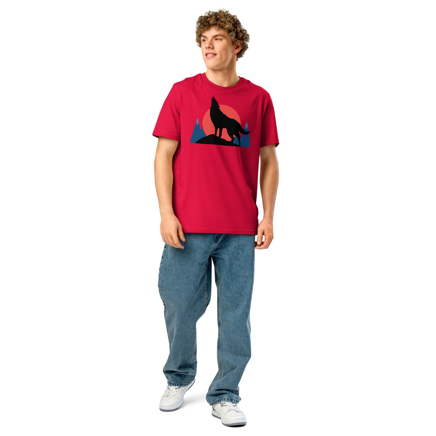 Ronas Design Sunset Wolf Howl T-Shirt Front View on Men Model in Red