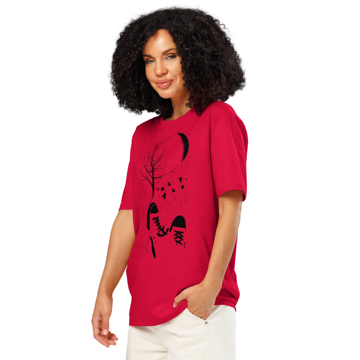 Product mockupRonas Design Autumn T-Shirt Side View on Women Model in Red