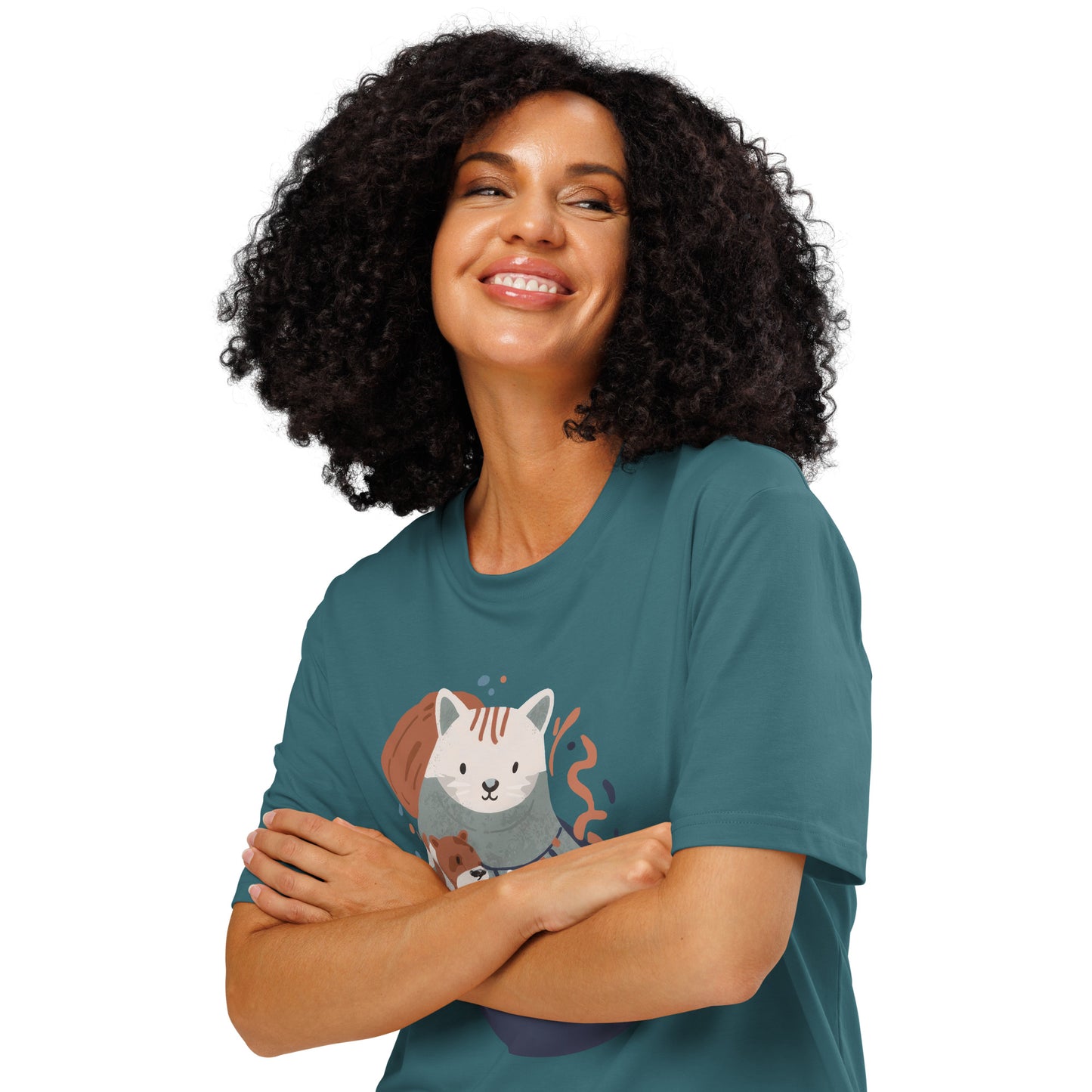 Ronas Design Cozy Cat T-Shirt Front View on Women Model in Stargazer