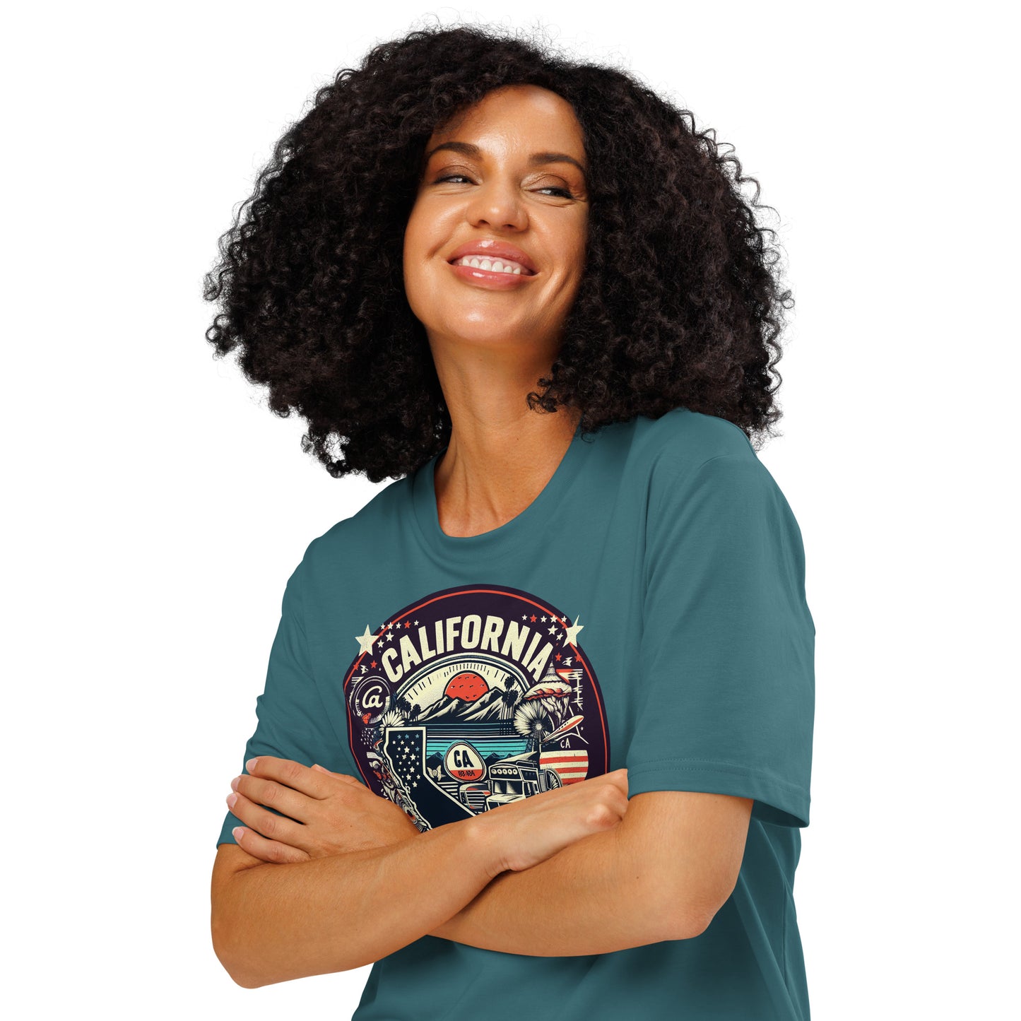 Ronas Design California Dreamin T-Shirt Front View on Women Model in Stargazer