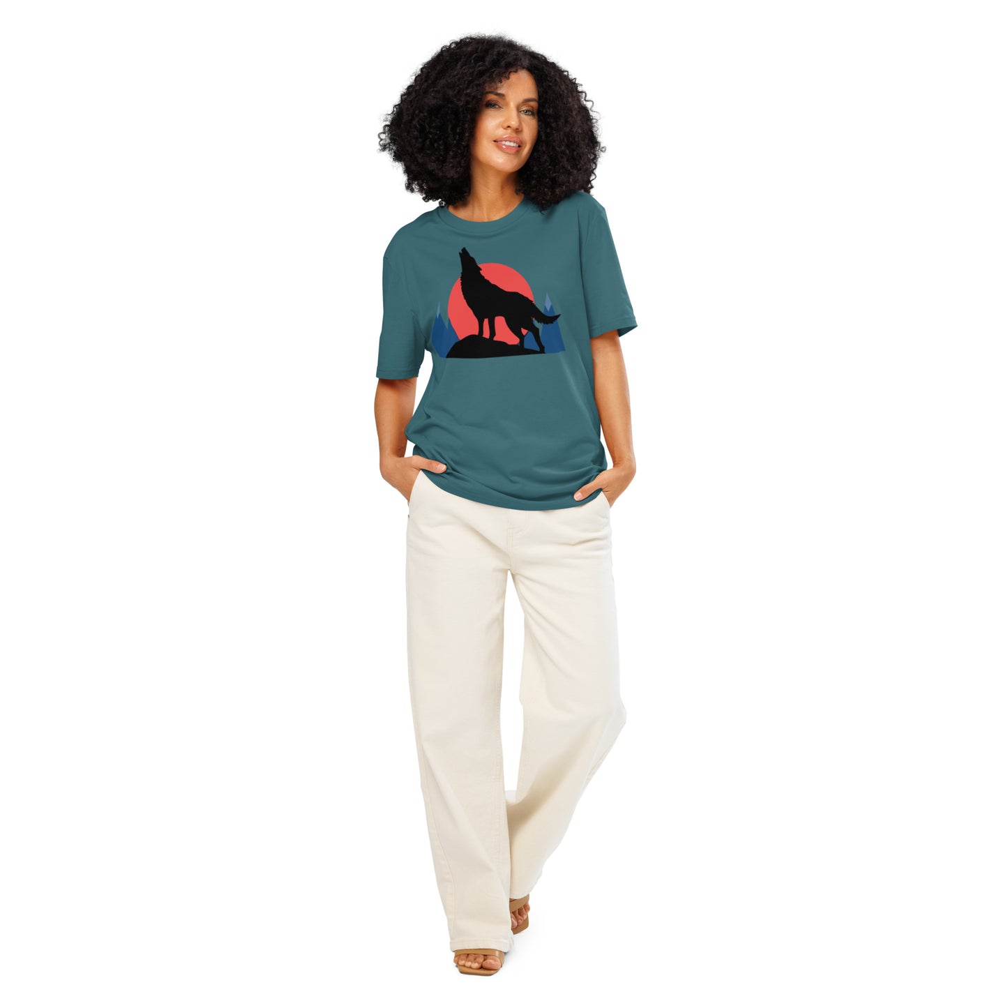 Ronas Design Sunset Wolf Howl T-Shirt Front View on Women Model in Stargazer