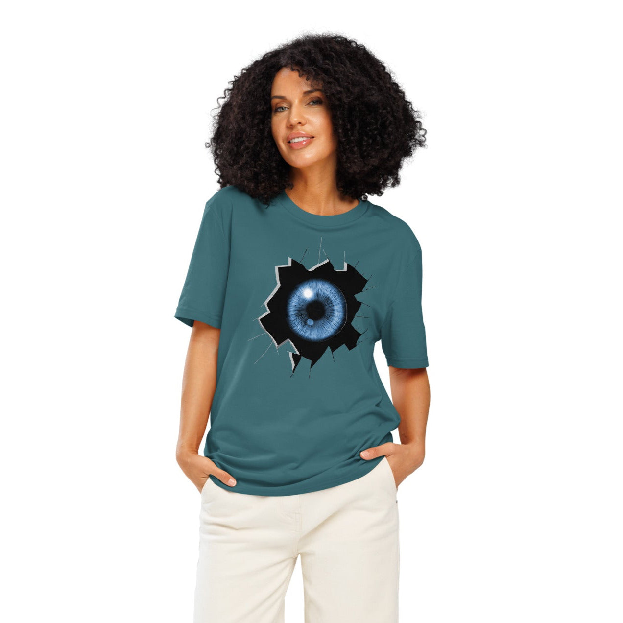 Ronas Design Cracked Reality Eye T-Shirt Front View on Women Model in Stargazer