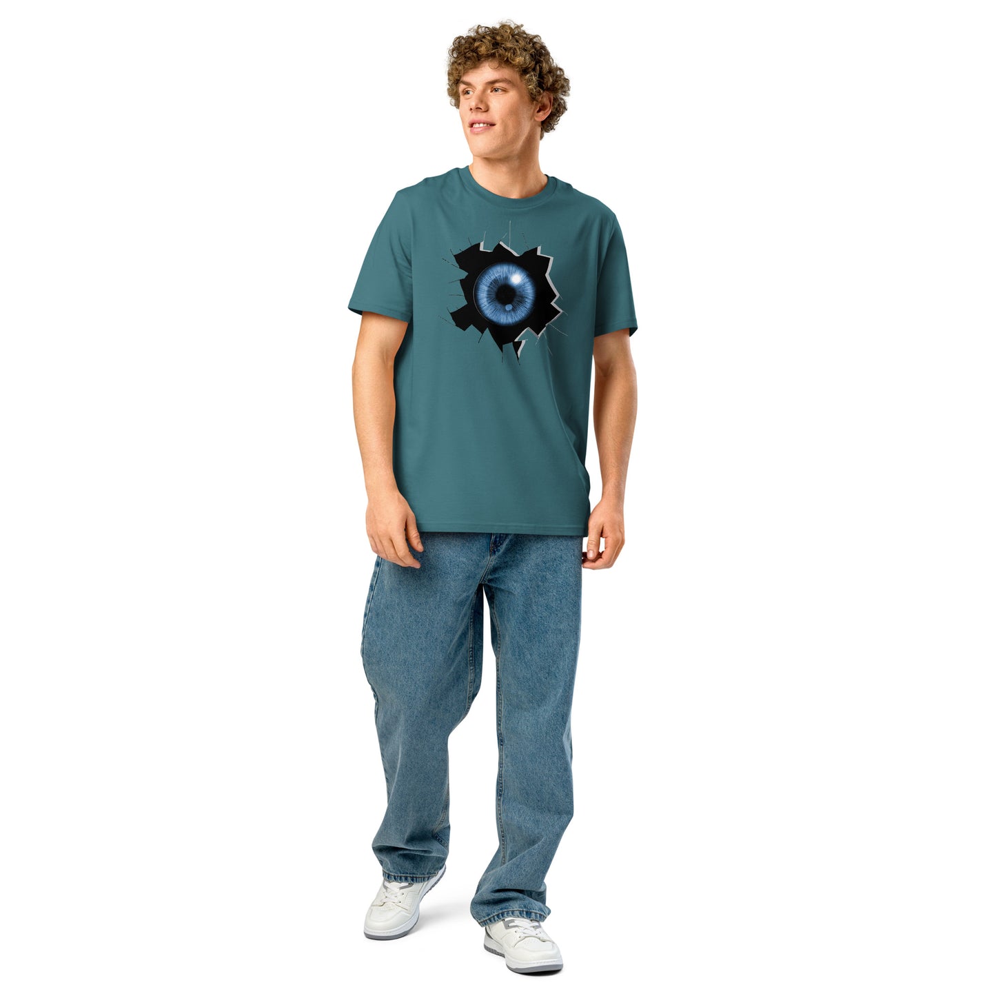 Ronas Design Cracked Reality Eye T-Shirt Front View on Men Model in Stargazer