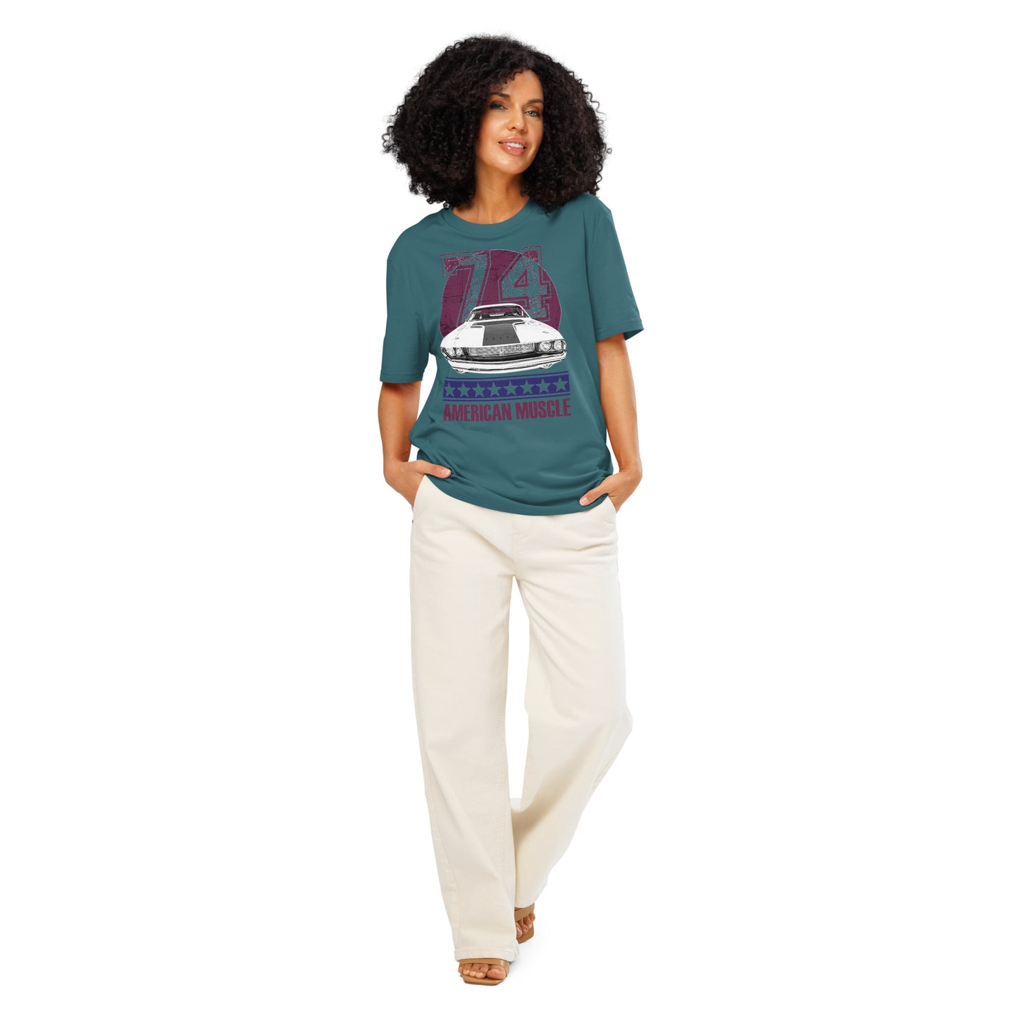 Ronas Design American Muscle T-Shirt Front View on Women Model in Stargazer