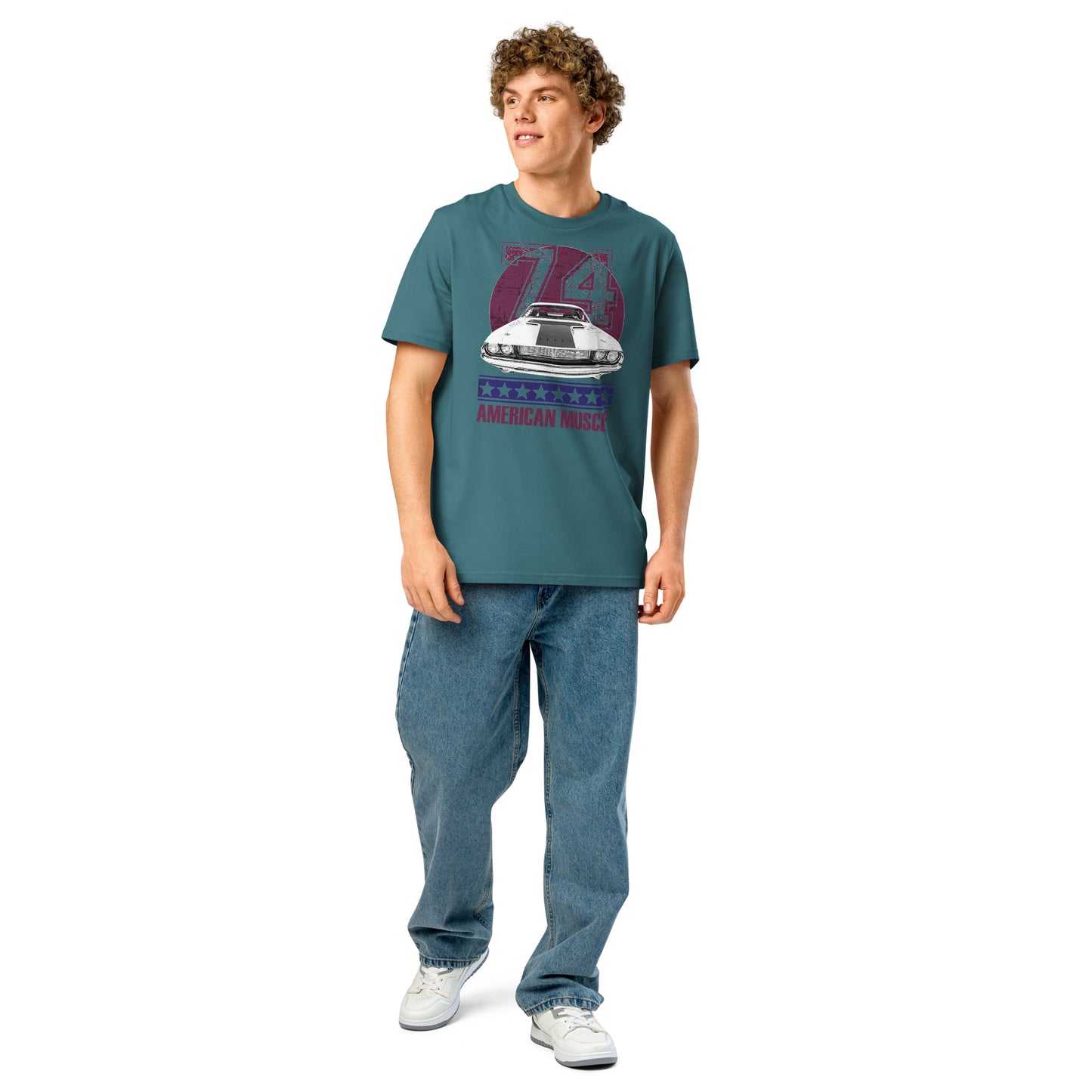 Ronas Design American Muscle T-Shirt Front View on Men Model in Stargazer