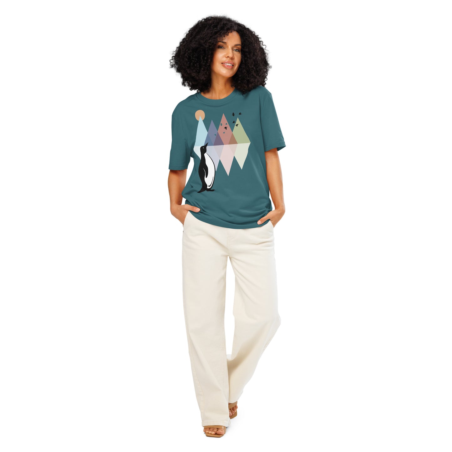 Ronas Design Geometric Penguin T-Shirt Front View on Women Model in Stargazer