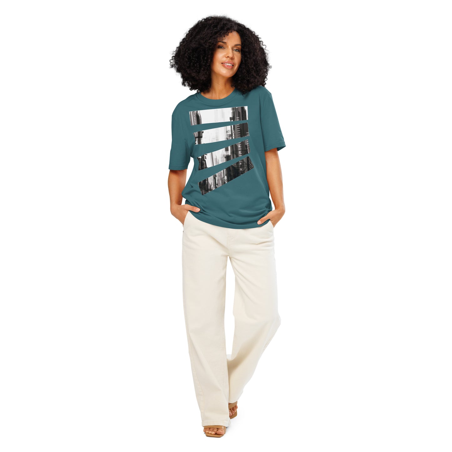 Ronas Design Fragmented Skyline T-Shirt Front View on Women Model in Stargazer