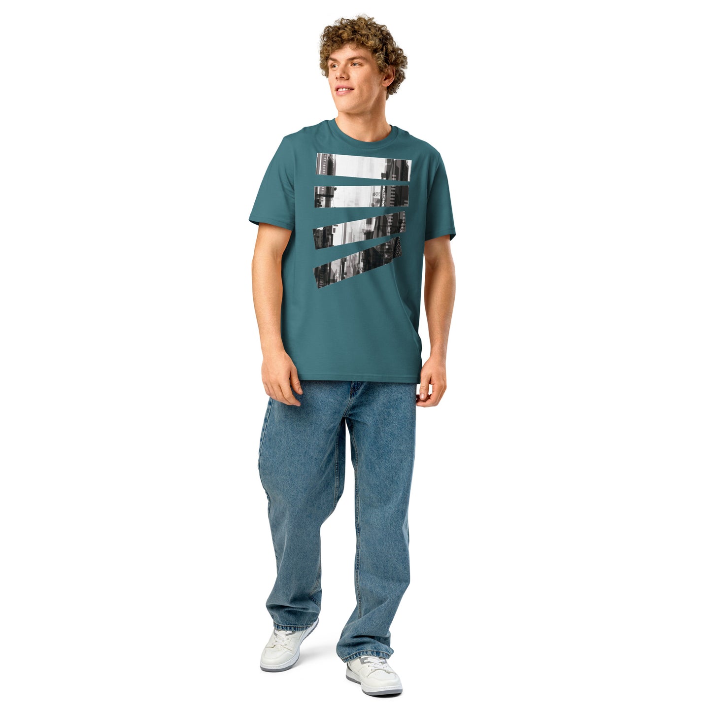Ronas Design Fragmented Skyline T-Shirt Front View on Men Model in Stargazer