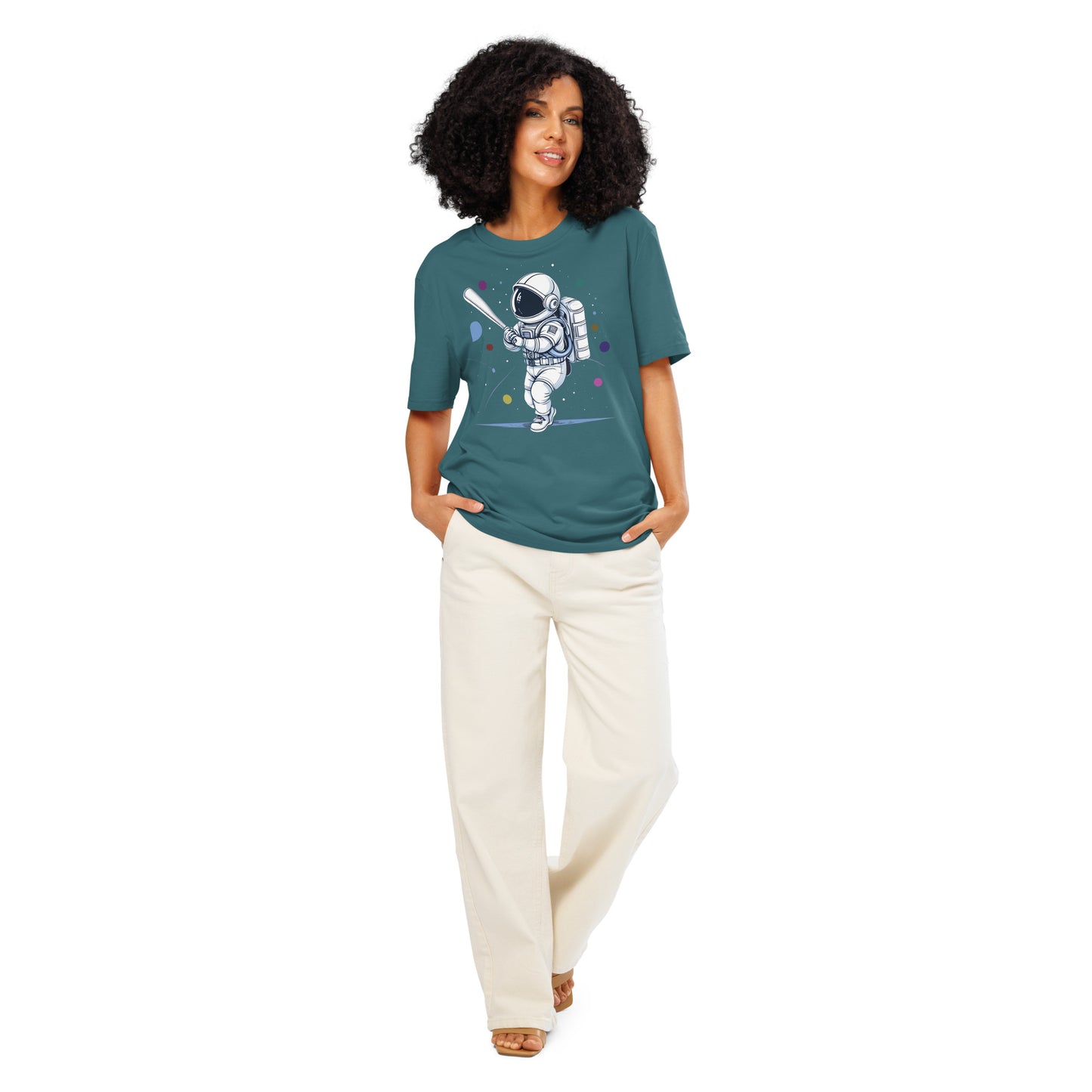 Ronas Design Astronaut Swing T-Shirt Front View on Women Model in Stargazer