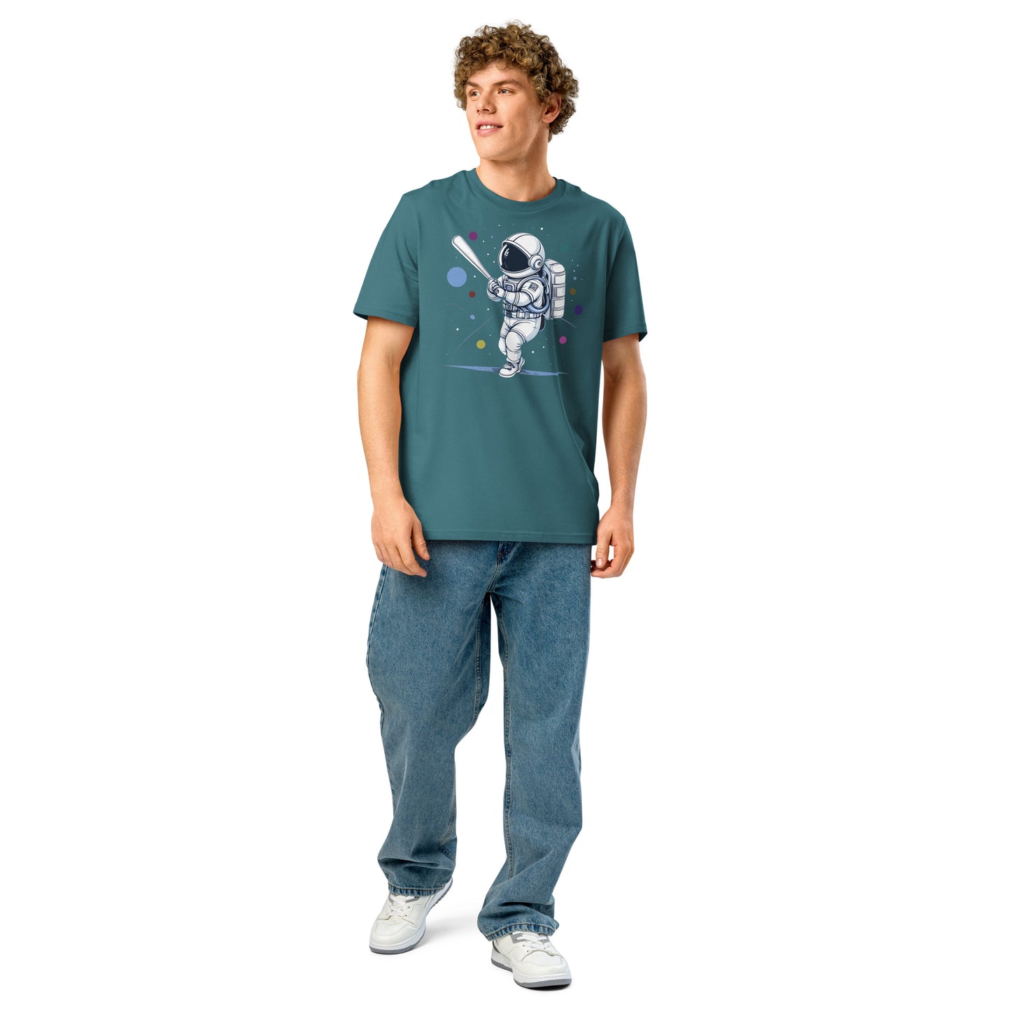Ronas Design Astronaut Swing T-Shirt Front View on Men Model in Stargazer