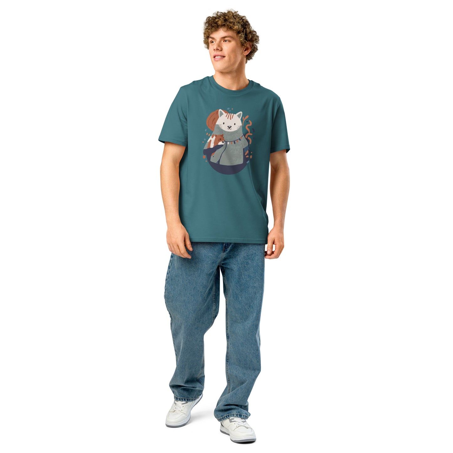 Ronas Design Cozy Cat T-Shirt Front View on Men Model in Stargazer