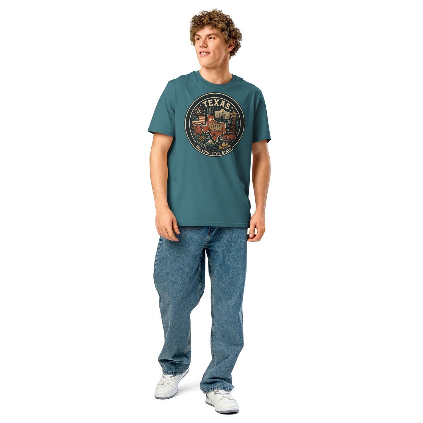 Ronas Design Texas Pride T-Shirt Front View on Men Model in Stargazer