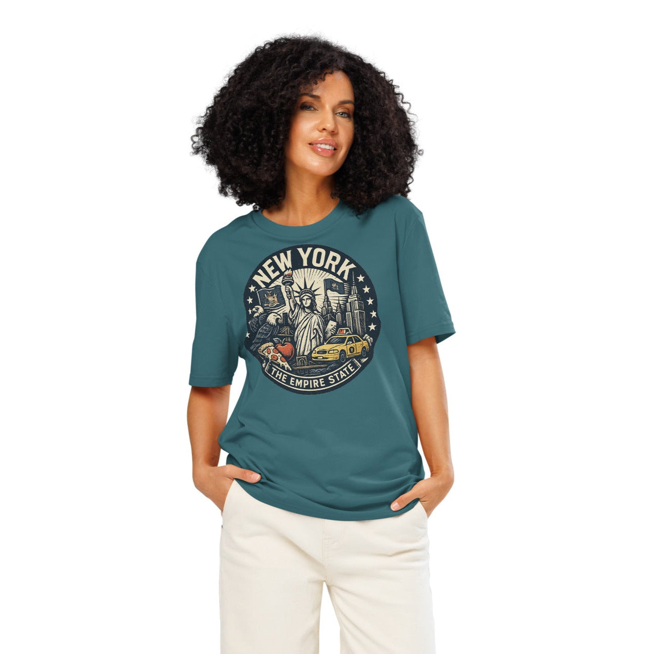 Ronas Design New York T-Shirt Front View on Women Model in Stargazer